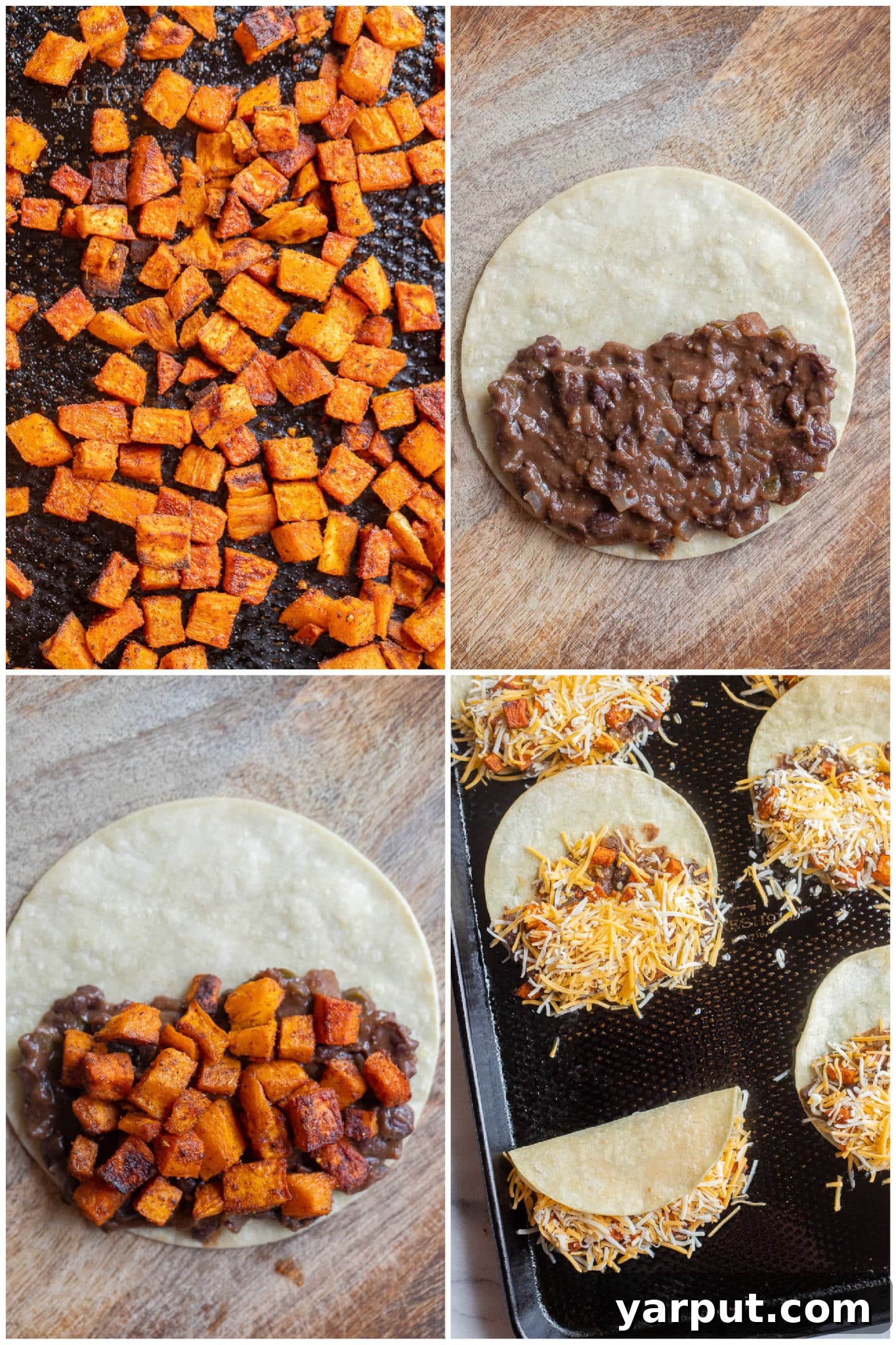 Step-by-step guide showing how to assemble sweet potato and black bean tacos with roasted sweet potatoes, on a baking sheet.