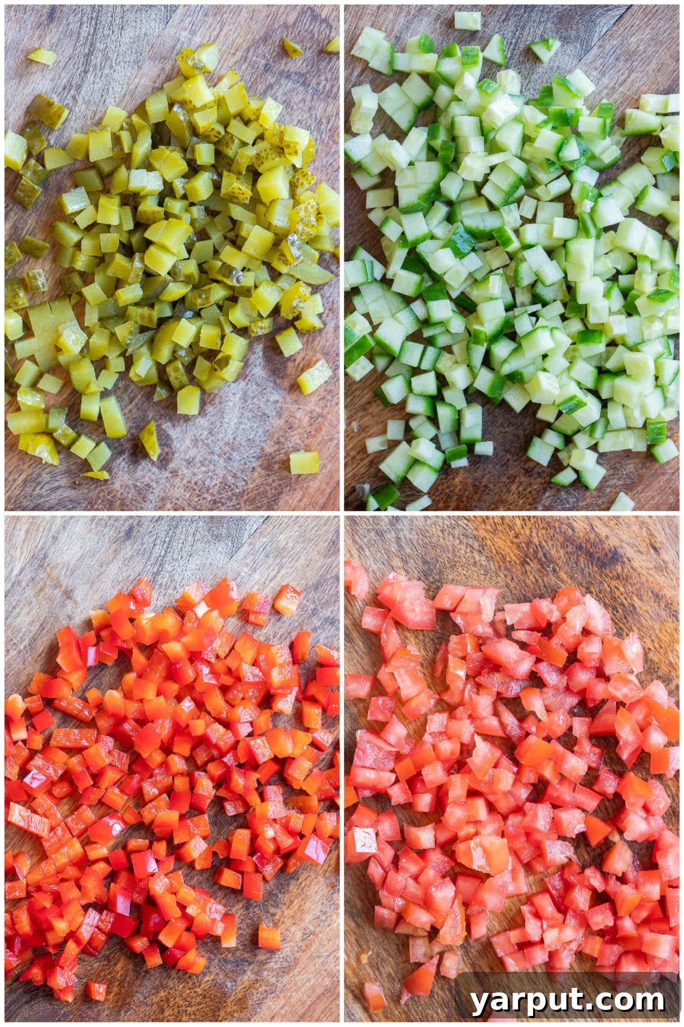 Variety of fresh vegetables including diced pickles, cucumbers, red bell peppers, and tomatoes arranged on cutting boards, ready for making Pickle De Gallo.