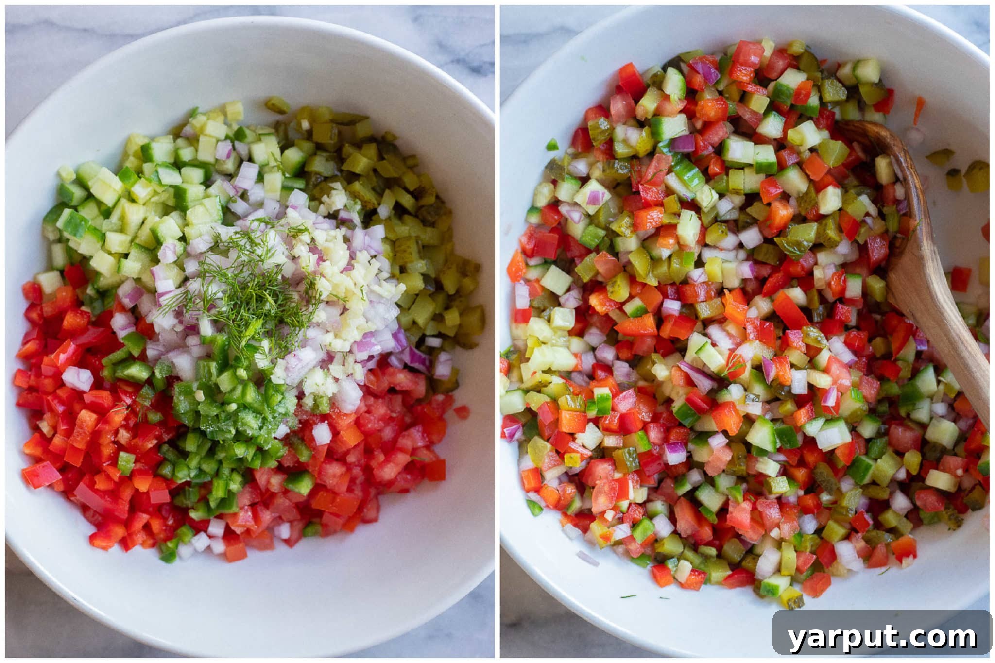 Step-by-step image showing how to make Pickle De Gallo, with all the diced ingredients mixed together in a large bowl, ready for serving.