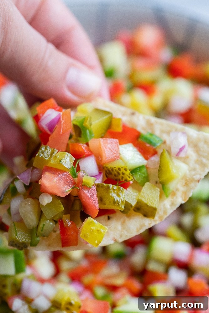 A hand holding a tortilla chip generously topped with homemade Pickle De Gallo, ready to eat.