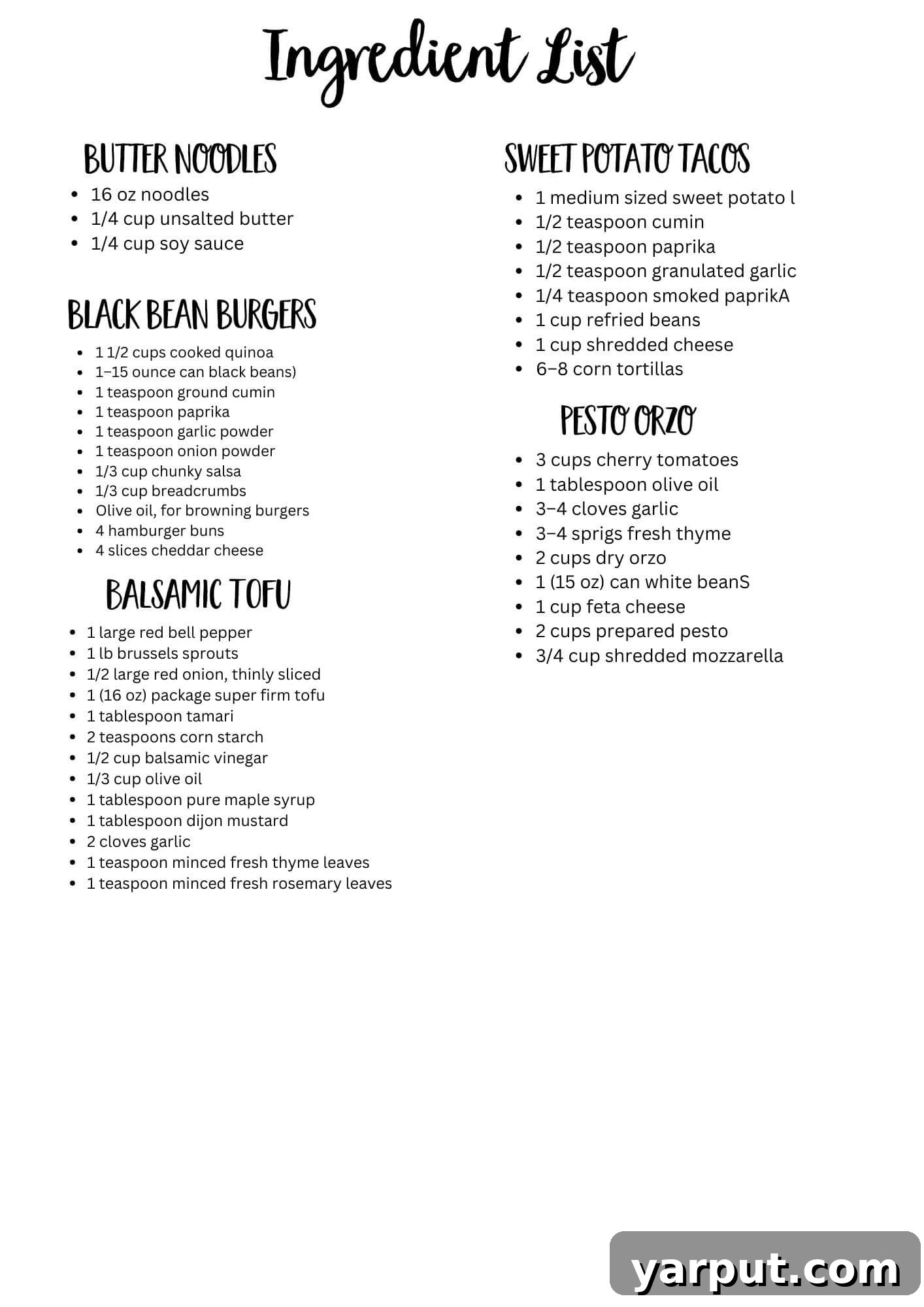 A printable grocery shopping list template, organized by meal and ingredient category, for efficient meal planning and shopping.