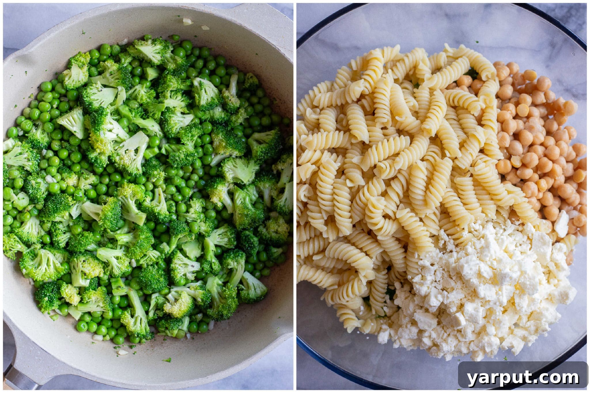 Zesty Lemon Broccoli Feta Pasta Salad 3 showing how to prepare the broccoli and peas and a bowl of cooked pasta, chickpeas and feta cheese