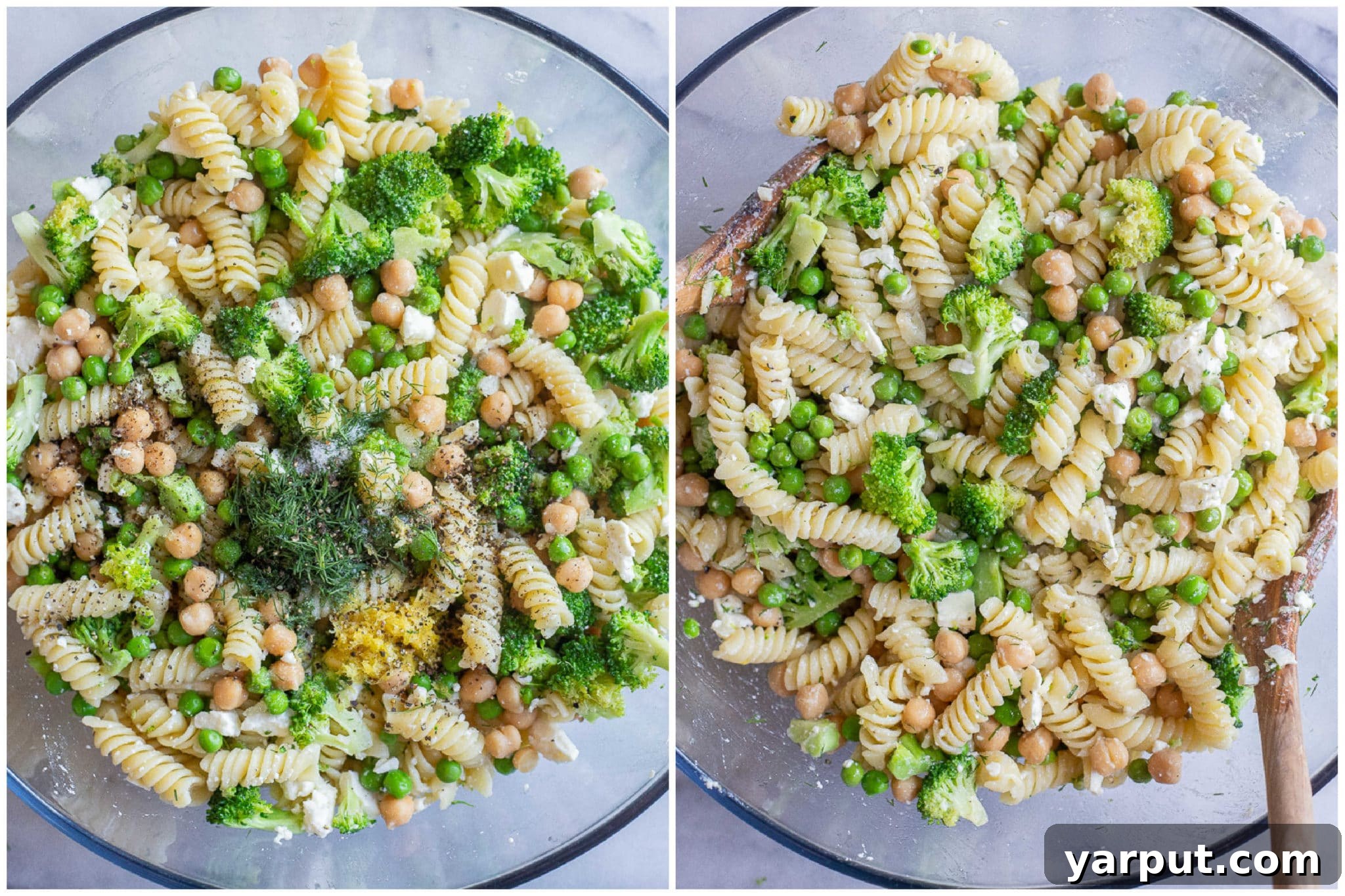 Zesty Lemon Broccoli Feta Pasta Salad 4 lemon dill pasta salad before and after it has been mixed up