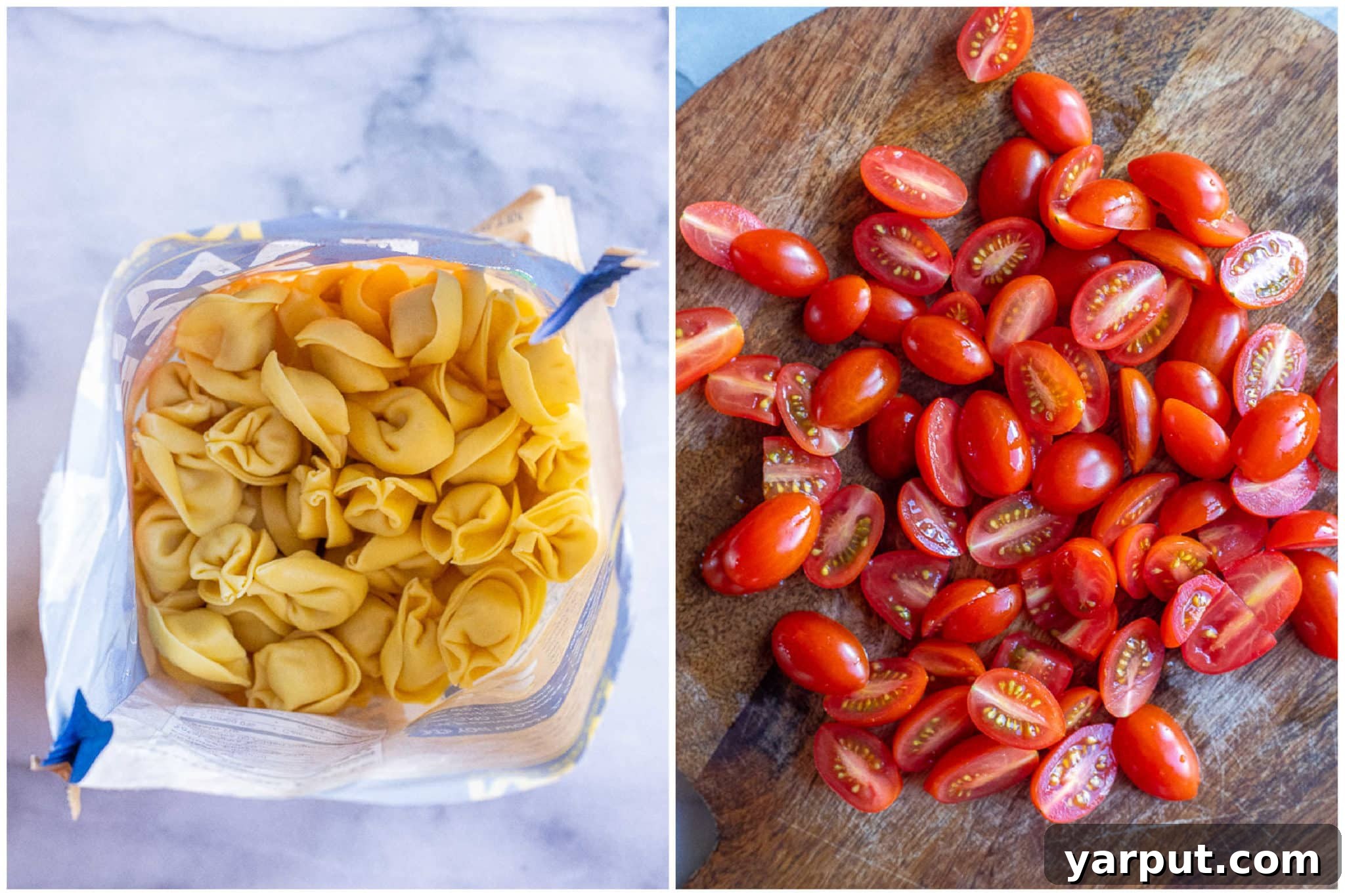 Easy 20-Minute Cheesy Tortellini with Tomatoes & Parsley 3 Ingredients laid out: a bag of fresh cheese tortellini next to a cutting board with halved cherry tomatoes and minced garlic, illustrating the recipe's fresh components.