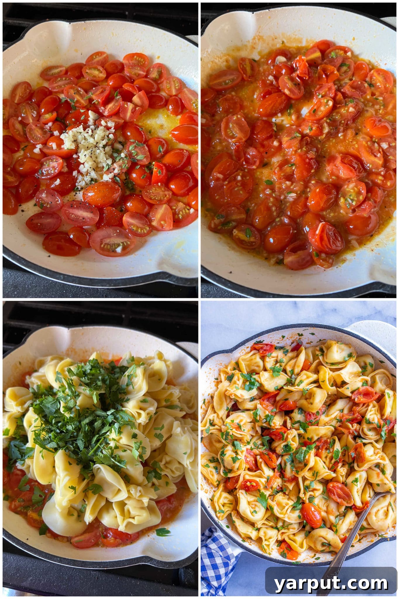 Easy 20-Minute Cheesy Tortellini with Tomatoes & Parsley 4 Step-by-step image showing cherry tomatoes and minced garlic sautéing in olive oil in a large skillet, illustrating the sauce-making process for the tortellini.