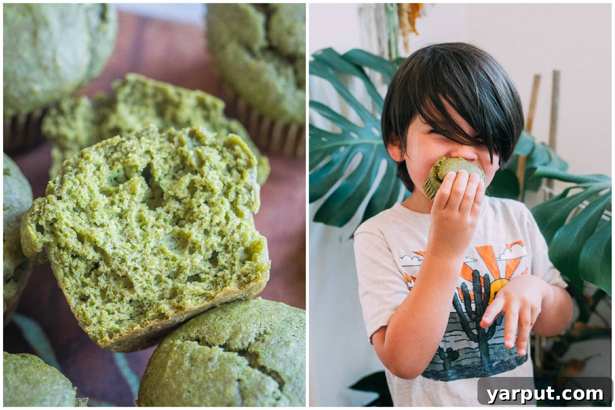 A child joyfully eating a bright green muffin, with another muffin torn in half in the foreground, showing its texture.