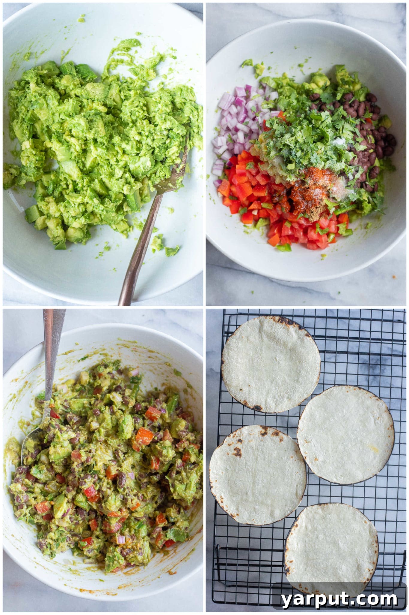 Ultimate Guacamole Tacos 3 Hands preparing loaded guacamole with corn tortillas, showing the simple assembly process.