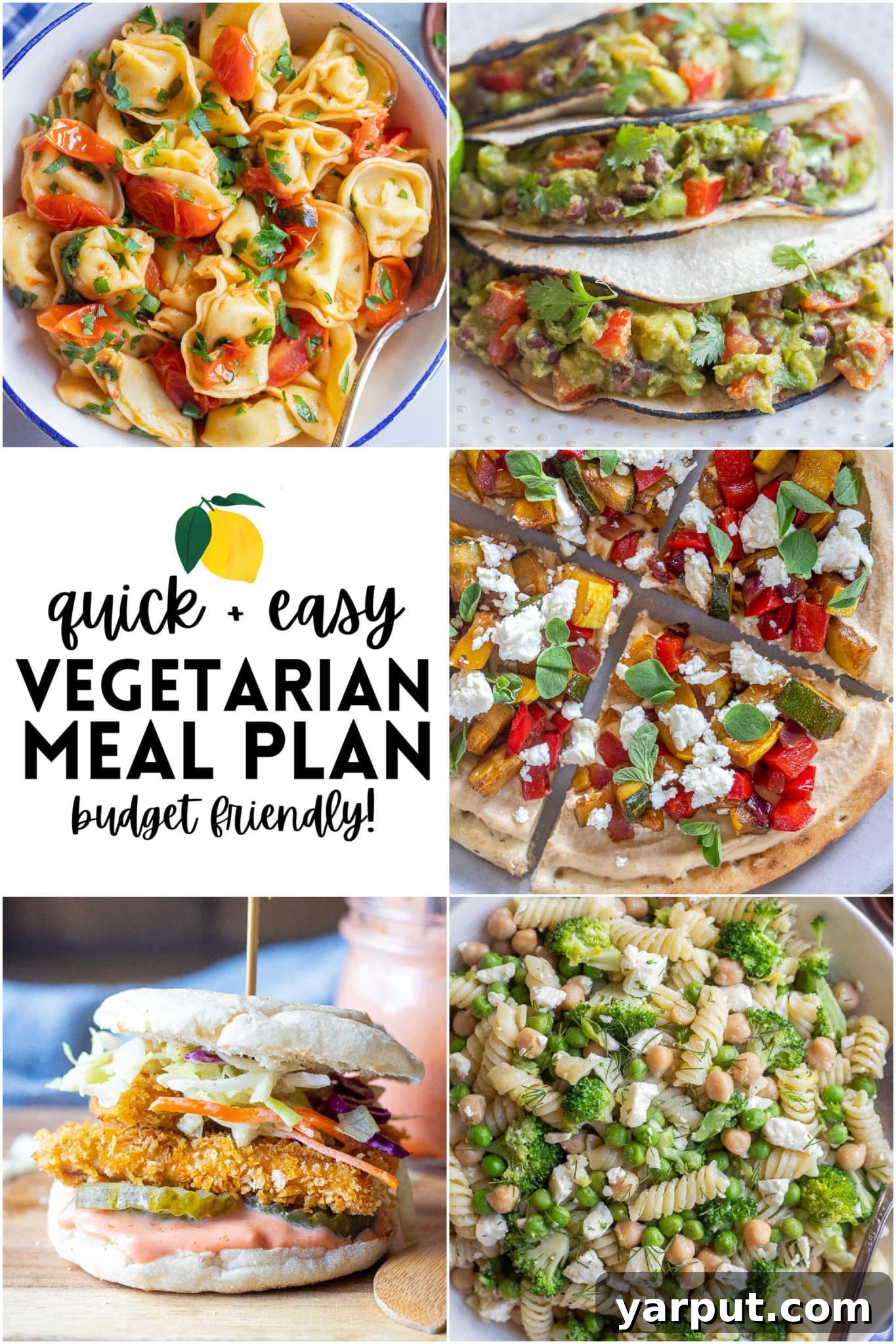 A vibrant collage featuring a variety of fresh, colorful vegetarian ingredients and prepared quick meals, symbolizing an easy and budget-friendly meal plan.