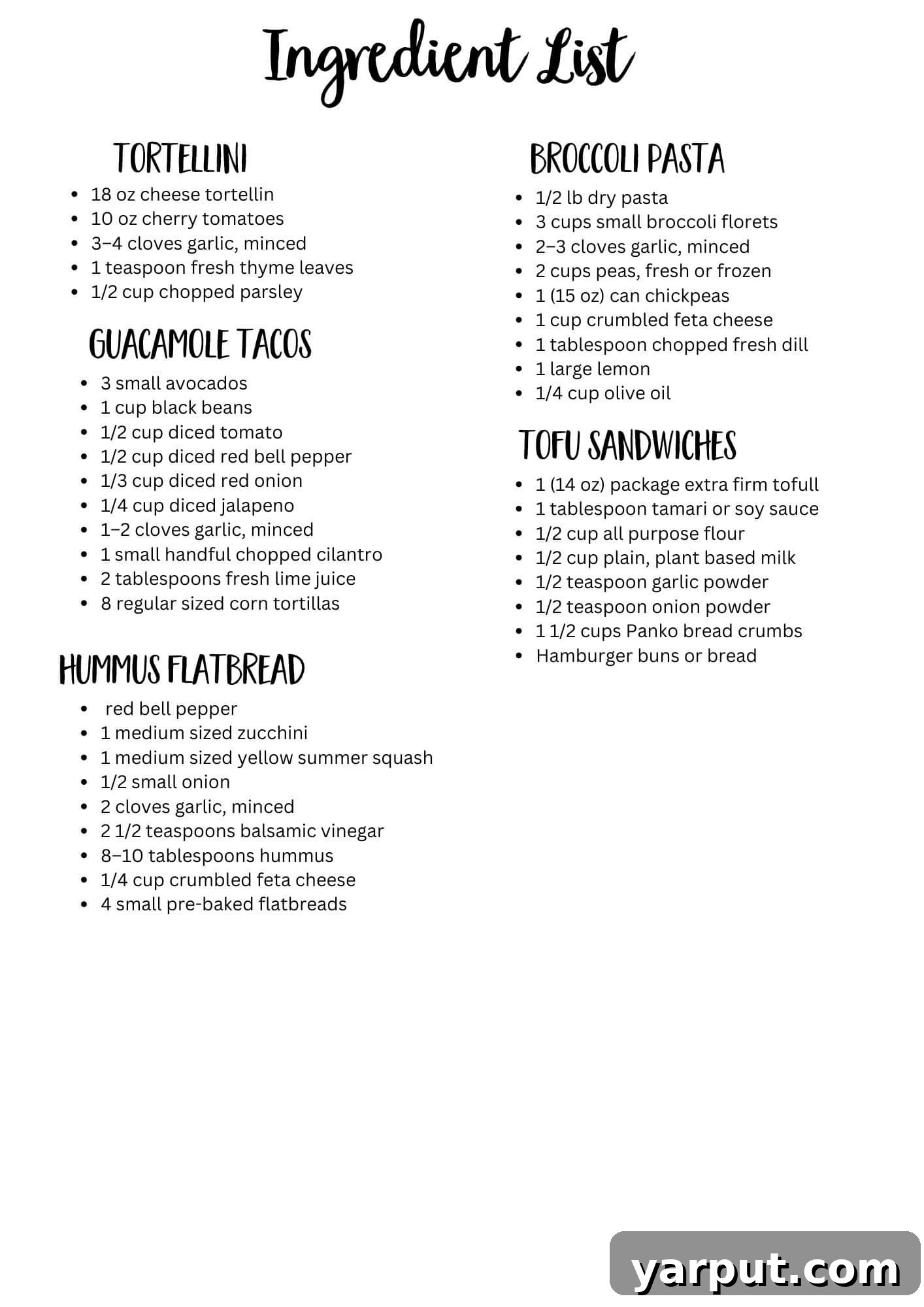 A printable ingredient shopping list for the budget-friendly vegetarian meal plan, helping organize grocery trips.