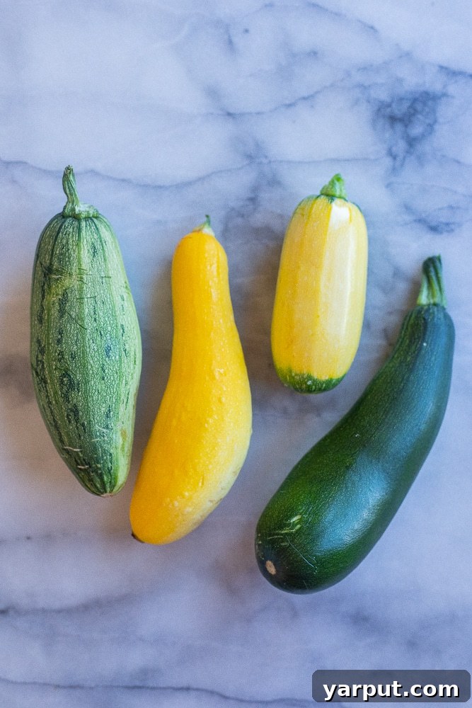 Skillet Caramelized Summer Squash 3 Freshly picked summer squash and zucchini from a home garden, ready for cooking.