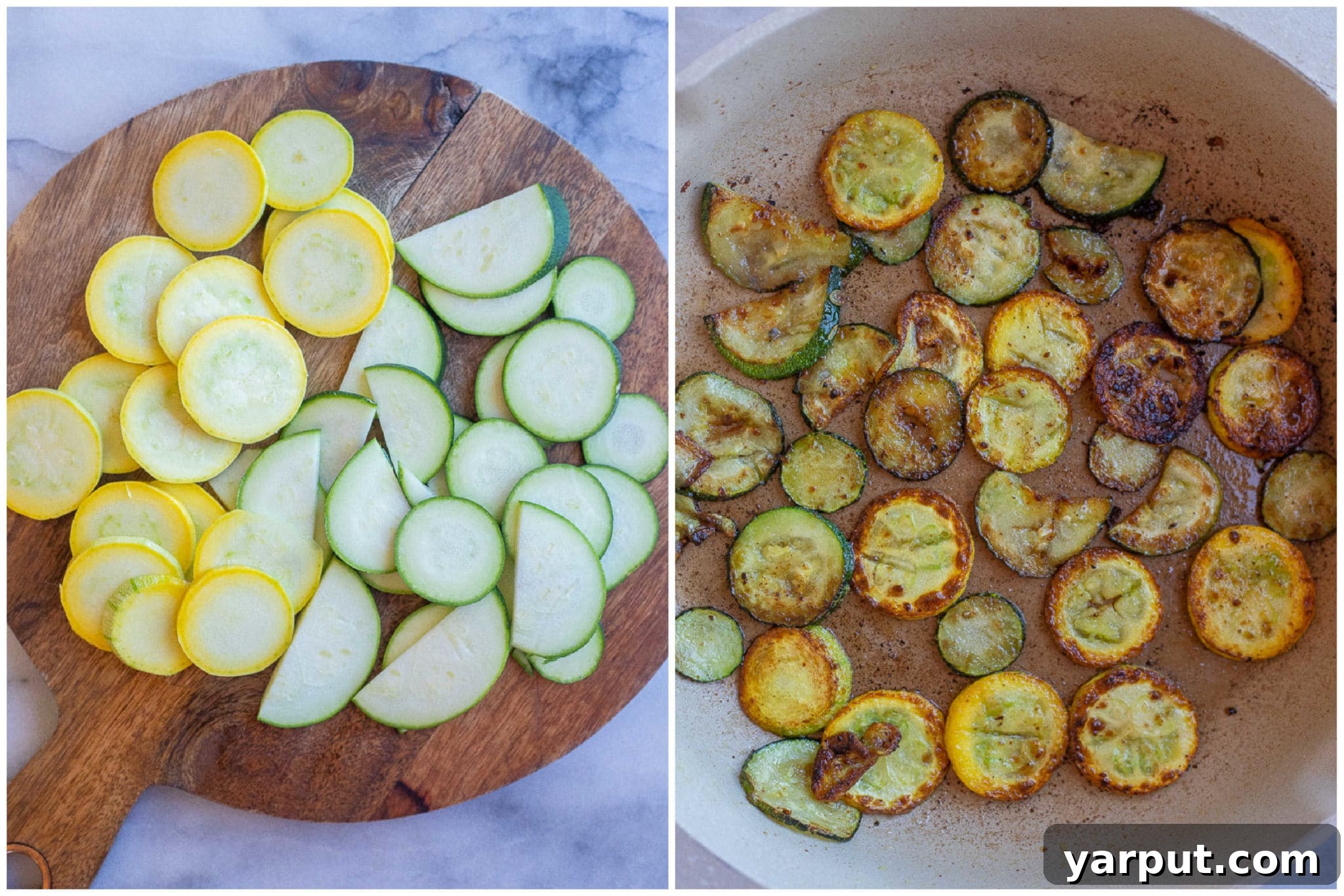 Skillet Caramelized Summer Squash 4 Thinly sliced zucchini and yellow squash frying in a pan until golden brown and caramelized.