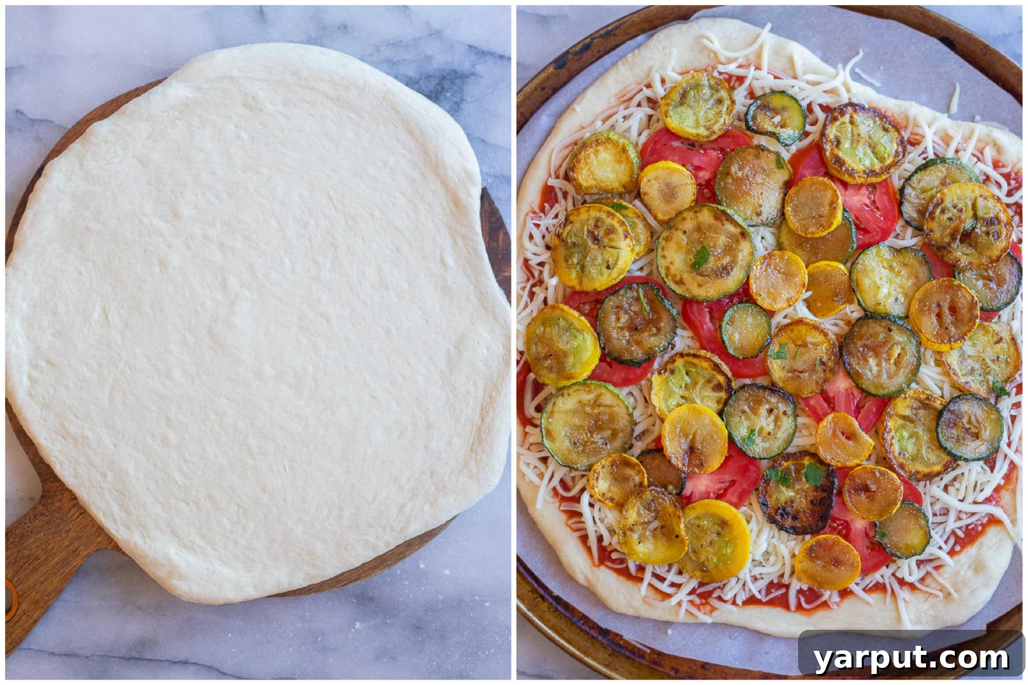 Vibrant Summer Squash and Tomato Pizza 3 Uncooked pizza dough rolled out on a wooden cutting board, topped with thinly sliced Roma tomatoes and generous amounts of caramelized summer squash, ready for the oven to create a delicious summer pizza.
