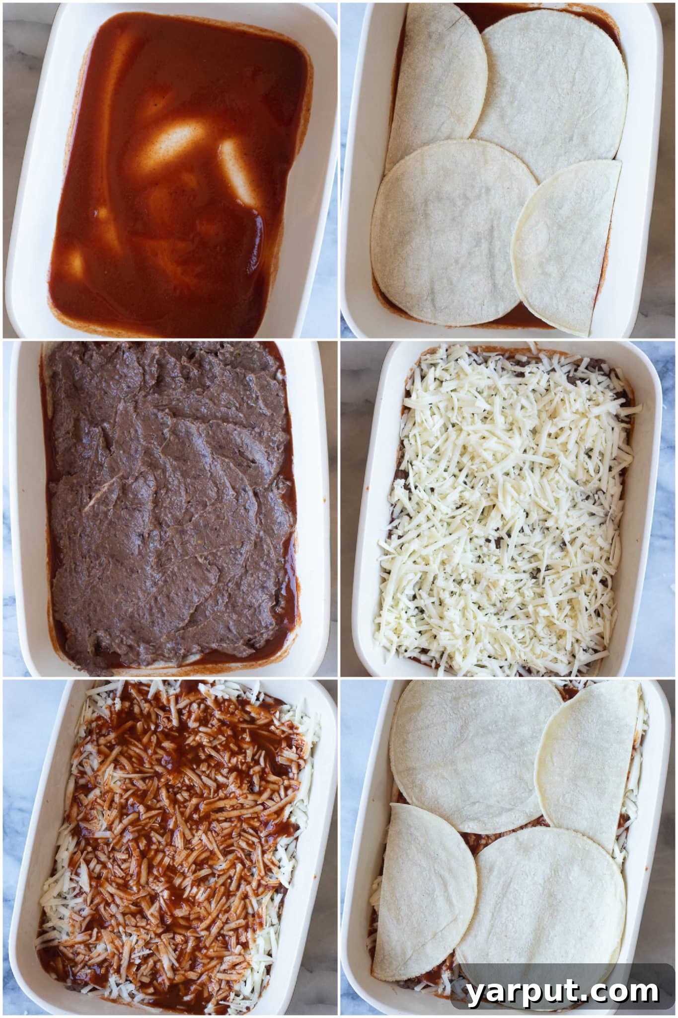 Hearty Bean and Cheese Enchilada Bake 3 Step-by-step imagery showing the layering process of a Bean and Cheese Enchilada Casserole in a baking dish, highlighting the tortillas, beans, and cheese before baking.