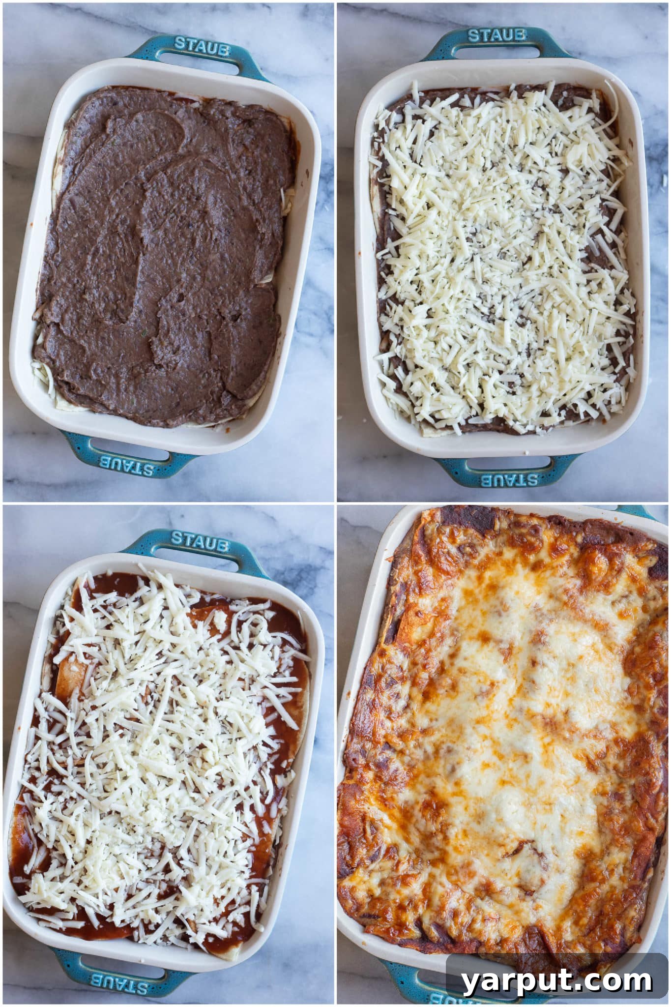 Hearty Bean and Cheese Enchilada Bake 4 An overhead view showing the final layers of black bean enchilada casserole in a baking dish, topped with cheese and ready for the oven.