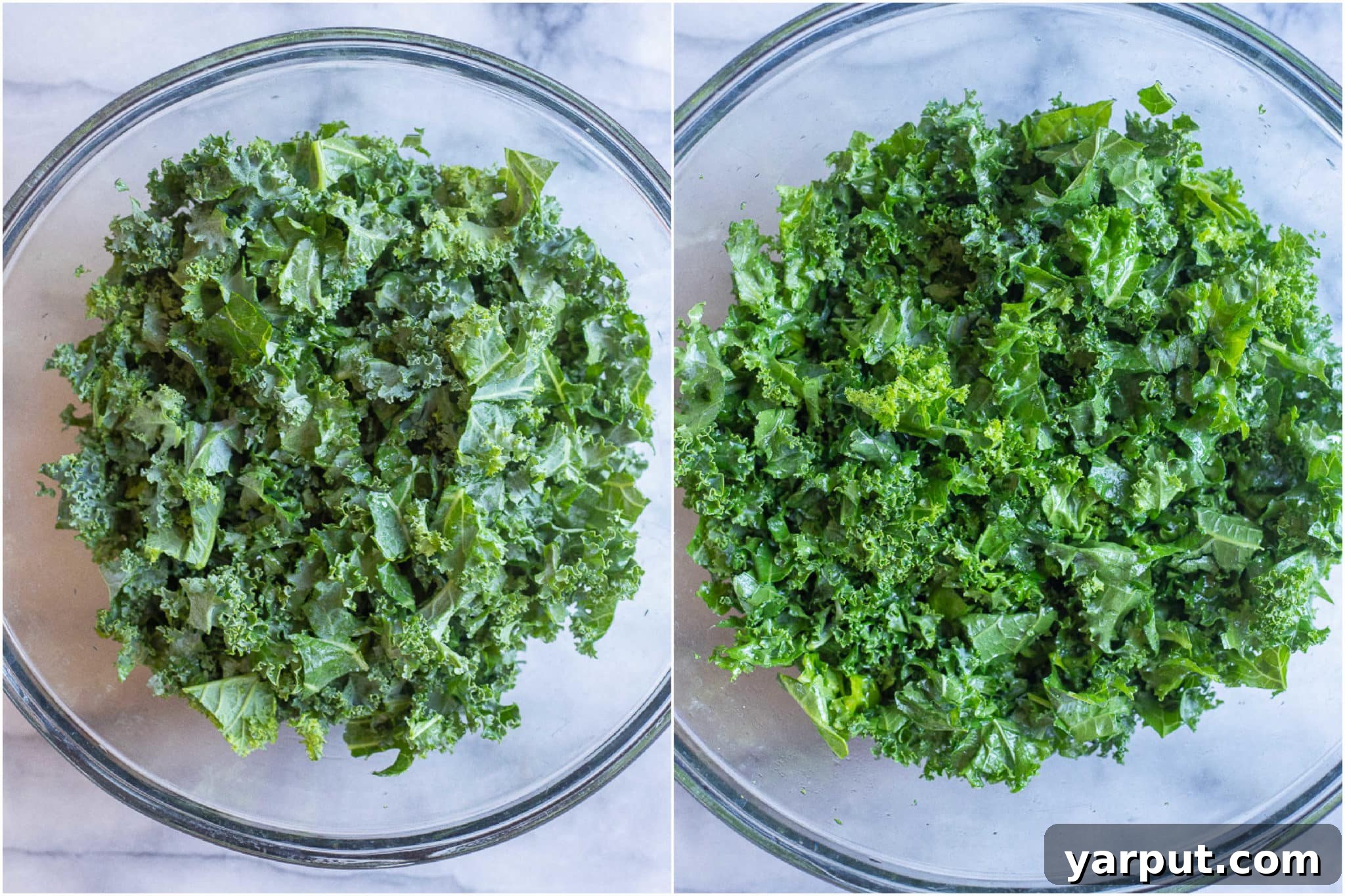chopped kale in a bowl before and after it has been massaged