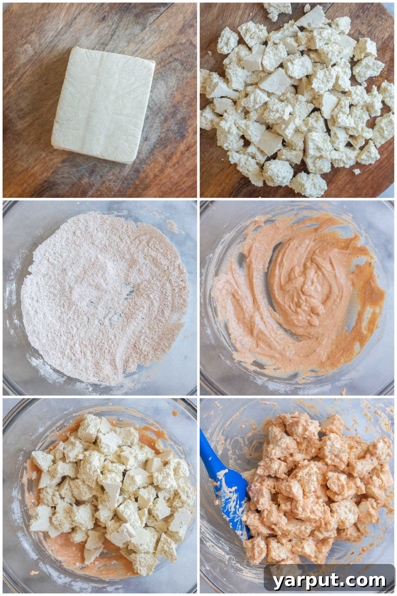 Fiery Tofu Lettuce Cups 3 A step-by-step visual guide showing how to achieve perfectly crispy buffalo tofu chunks for the lettuce wraps, highlighting the coating process.
