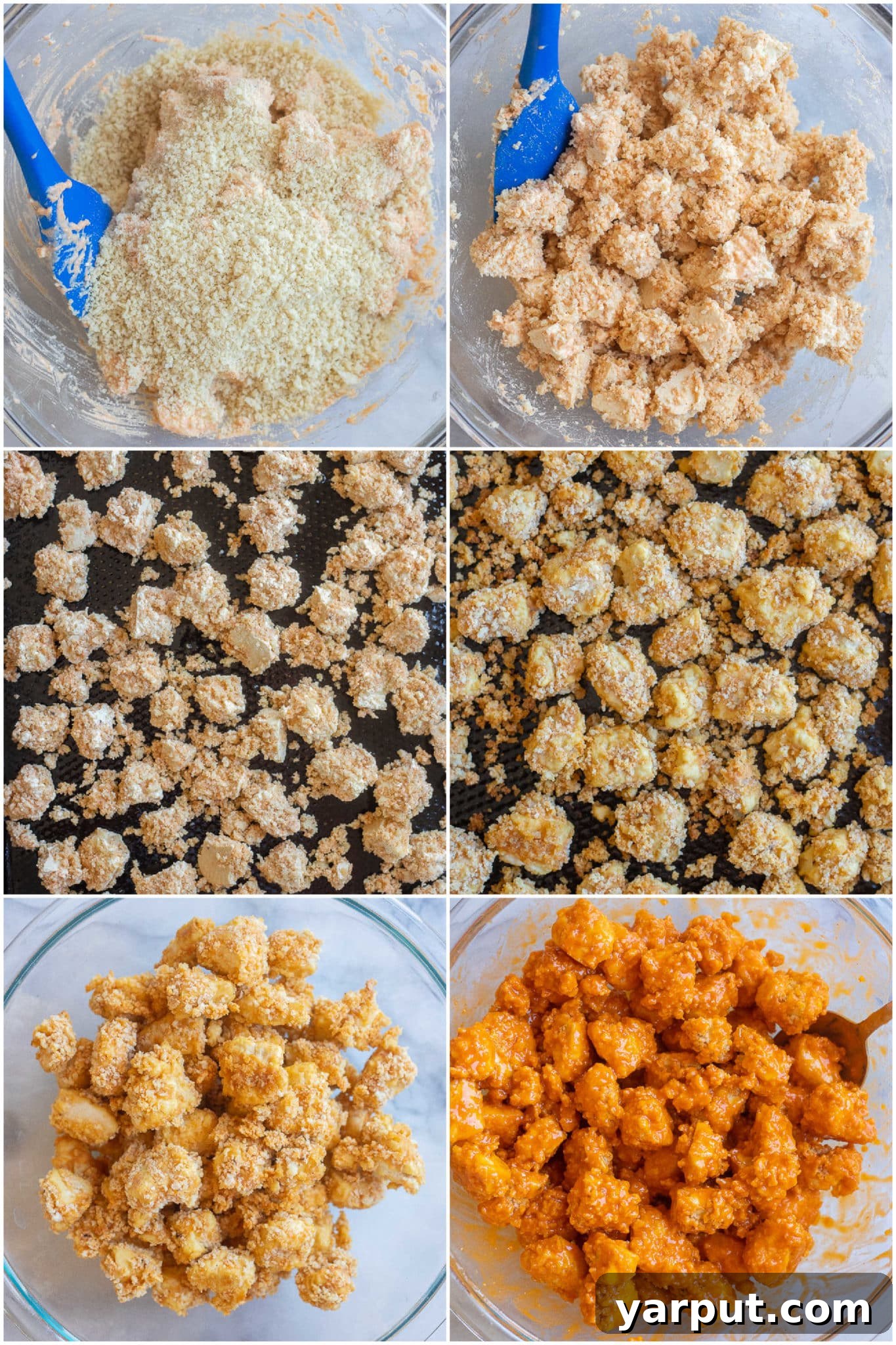 Fiery Tofu Lettuce Cups 4 Detailed process shots demonstrating how to coat and prepare crispy buffalo tofu for delicious lettuce wraps.