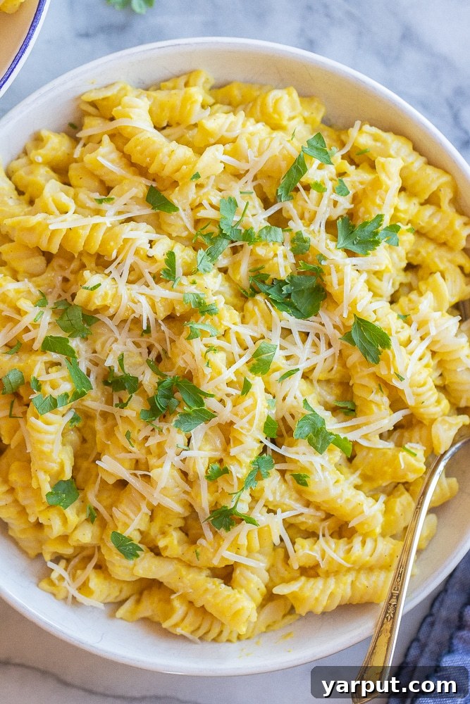Veggie on a Budget: Meal Plan Week 26 3 A close-up shot of creamy golden squash pasta, garnished with fresh herbs and a sprinkle of Parmesan cheese.
