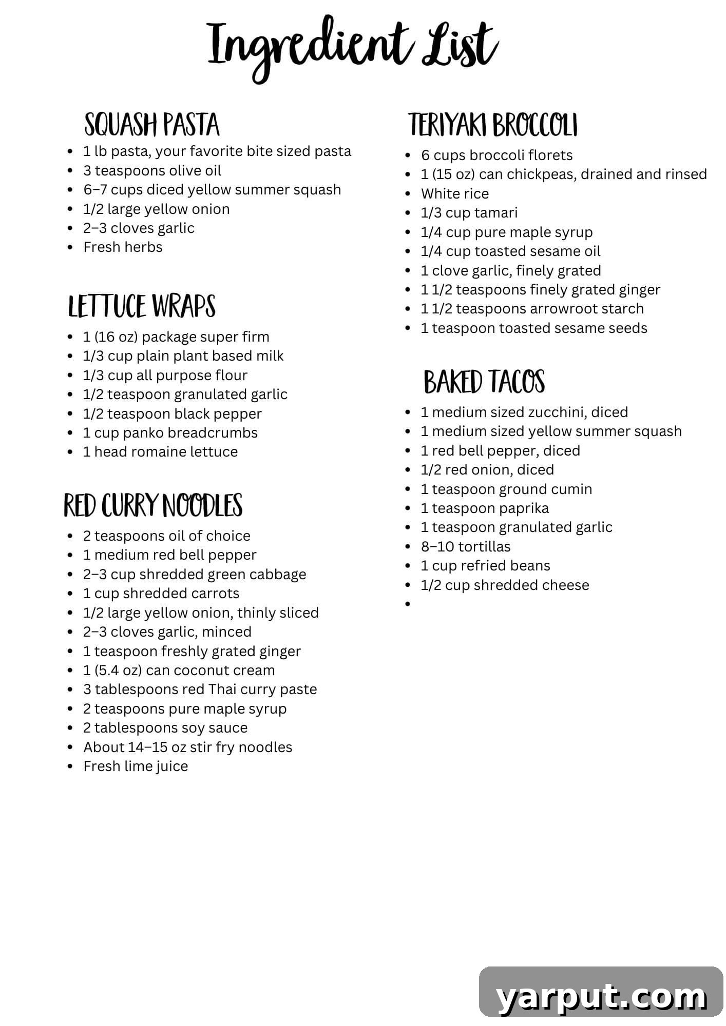 Veggie on a Budget: Meal Plan Week 26 8 A neatly organized printable ingredient list for a week's worth of vegetarian meals, showing various food categories and items.