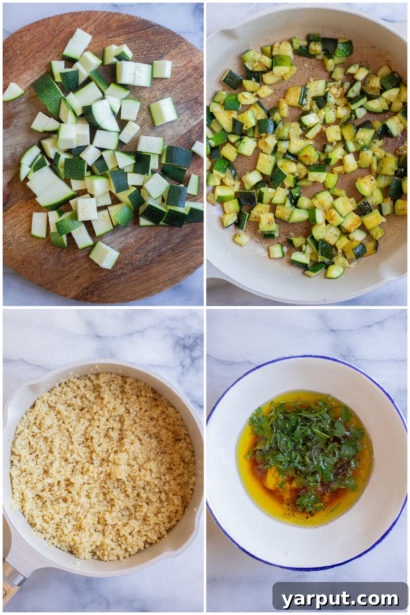 Vibrant Zucchini Chickpea Quinoa Salad 3 showing how to prep the zucchini, quinoa and salad dressing for this quinoa salad recipe