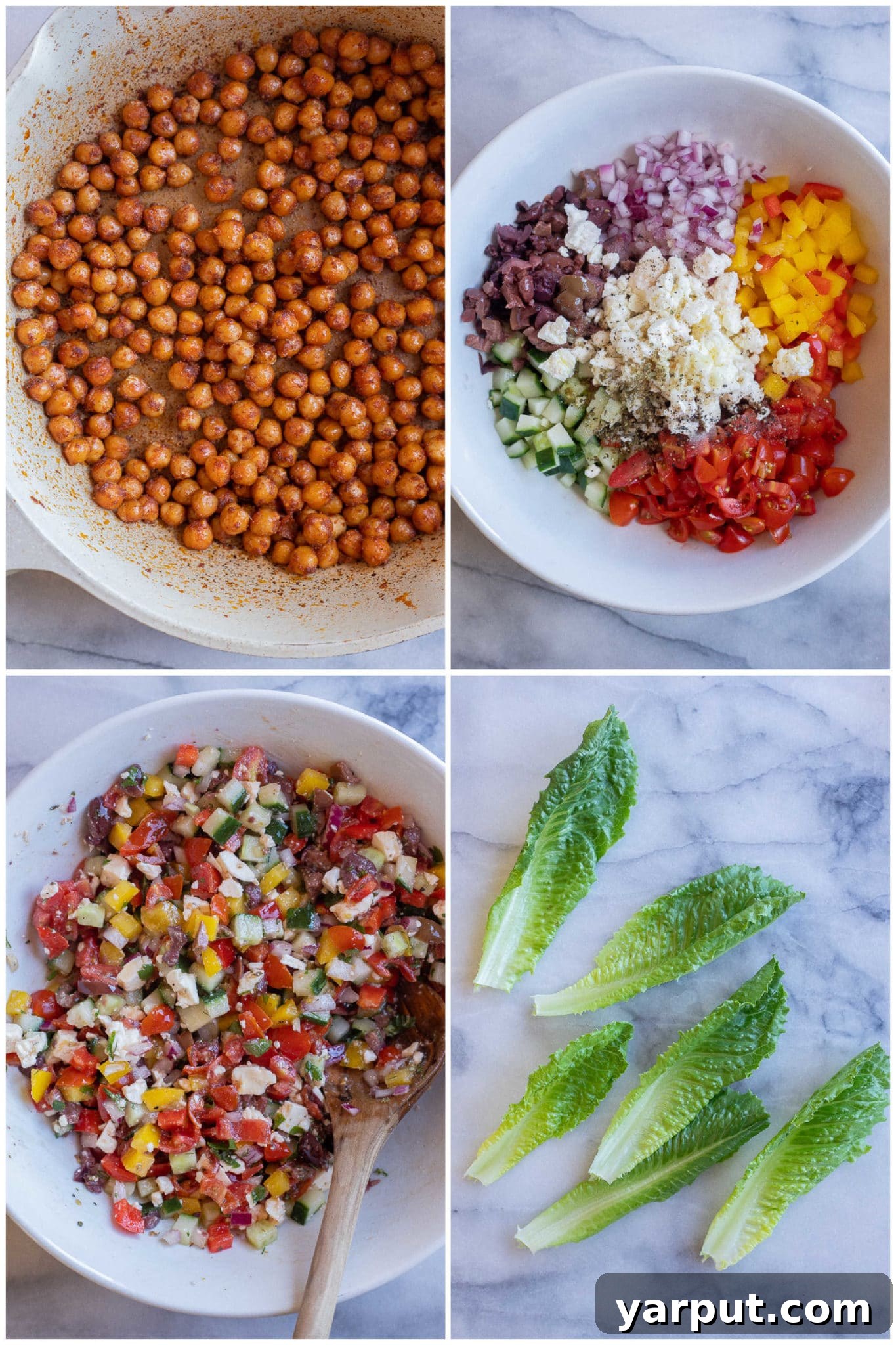 Vibrant Greek Hummus Lettuce Wraps 3 Step-by-step preparation of fresh Greek salad lettuce wraps, showcasing creamy hummus being spread onto a crisp lettuce leaf, followed by a colorful array of diced vegetables and crunchy chickpeas.