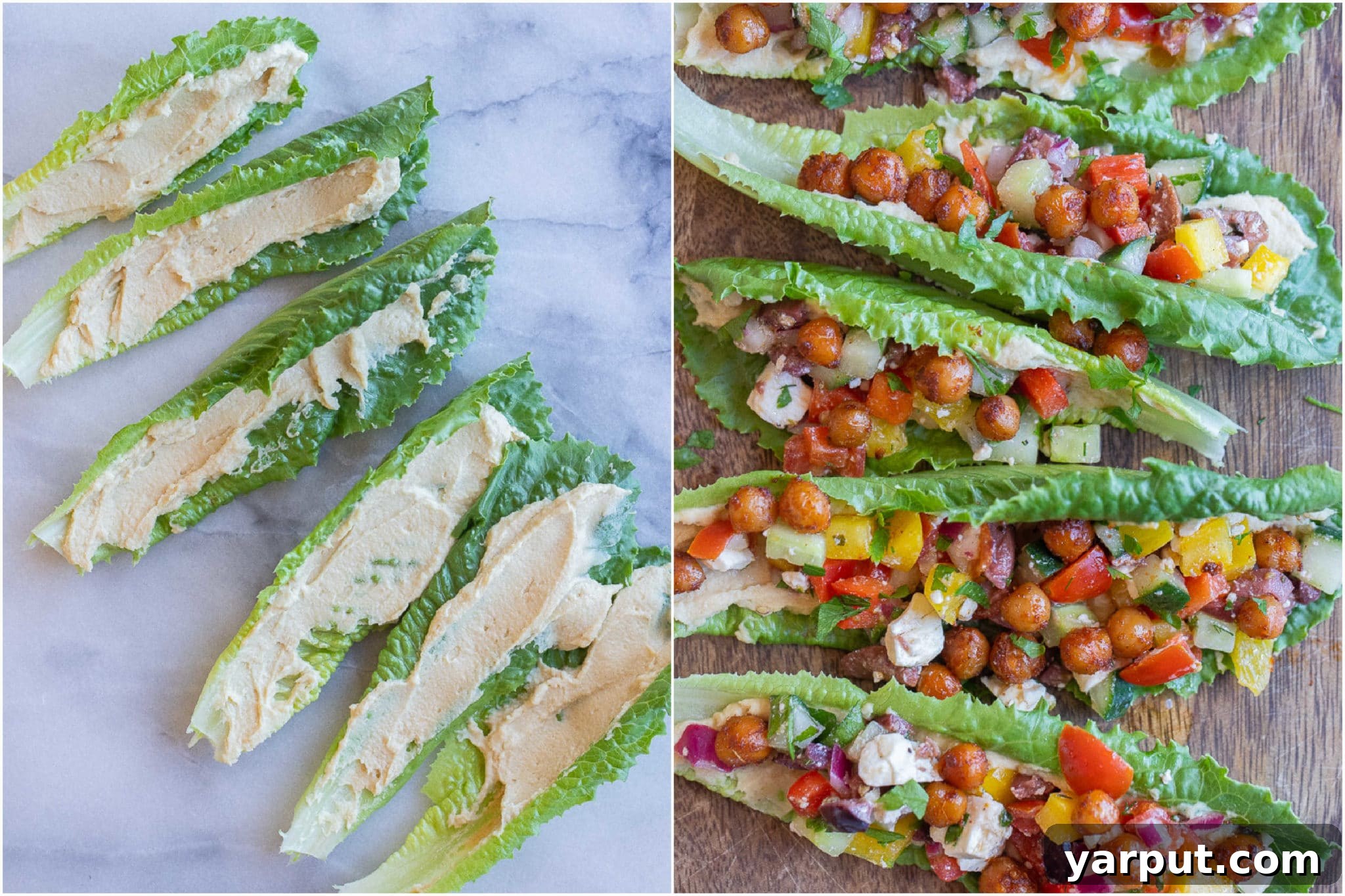 Vibrant Greek Hummus Lettuce Wraps 4 A beautifully arranged plate showcasing the assembly of Greek salad lettuce wraps. Hummus is spread on crisp lettuce, topped with a colorful Greek salad mixture, and garnished with golden crispy chickpeas, ready to be enjoyed.