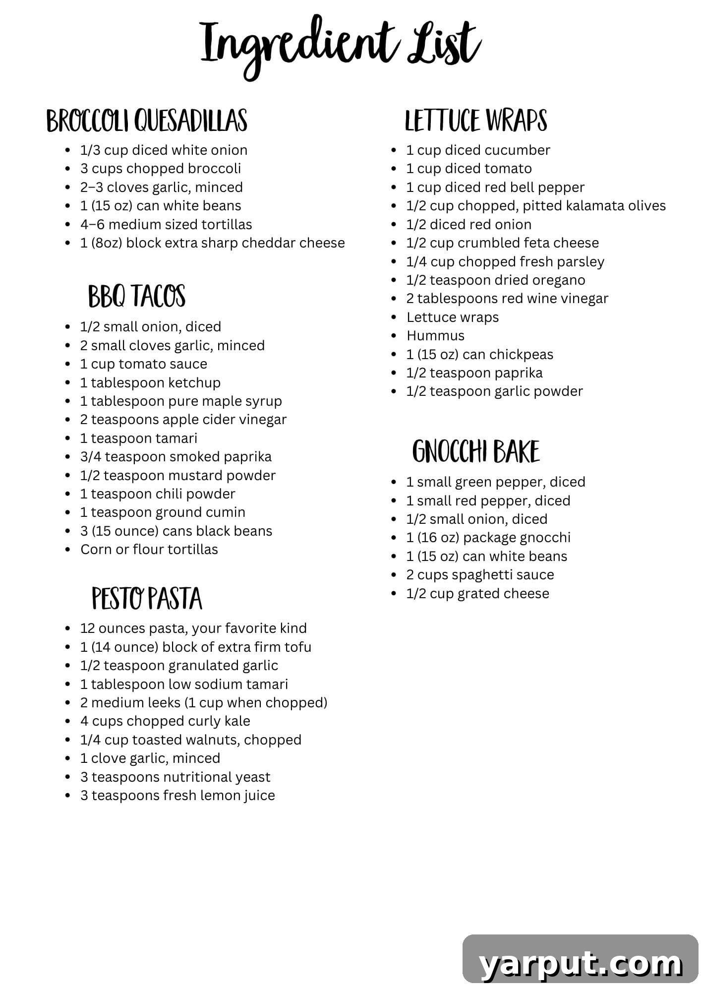 Economical Veggie Meal Plan Week 26 8 A printable ingredient list for the vegetarian meal plan.