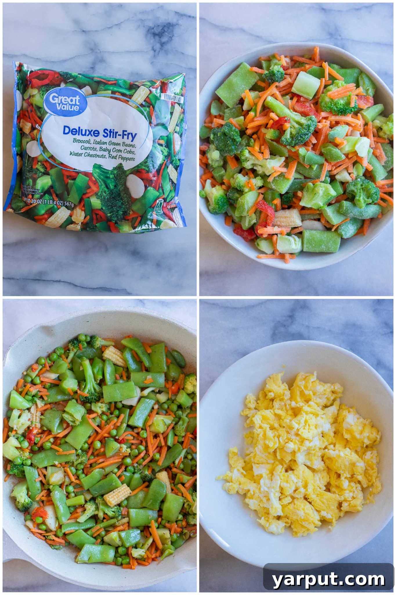 Your New Go-To Quinoa Fried Rice 3 Preparing ingredients for Quinoa Fried Rice: scrambled eggs and frozen vegetables in separate pans.