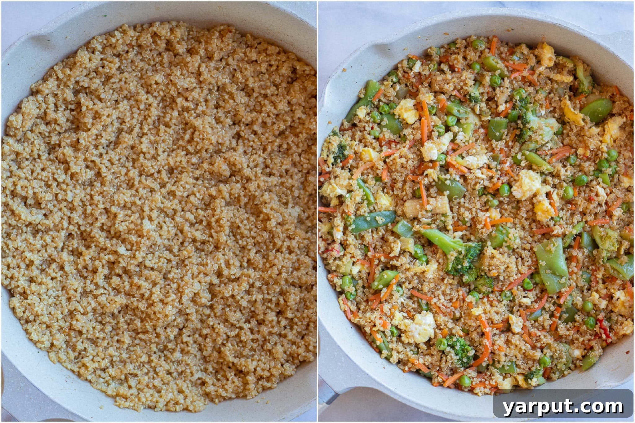 Your New Go-To Quinoa Fried Rice 4 A two-part image showing quinoa cooking in a pan and a pan full of finished Quinoa Fried Rice.