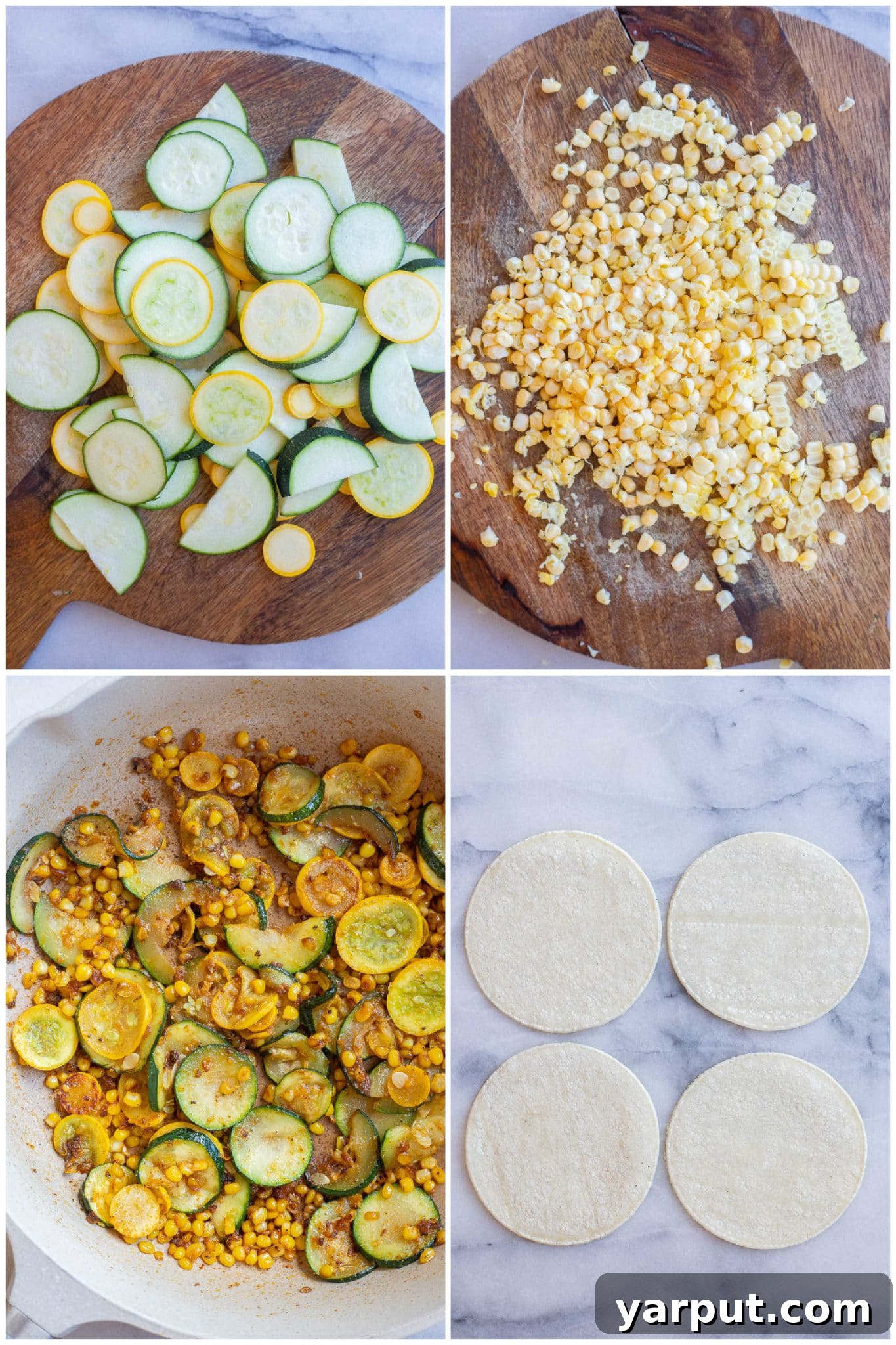 Golden Zucchini and Sweet Corn Quesadillas 3 A step-by-step image showing the preparation of seasoned corn and zucchini, highlighting fresh ingredients ready for the quesadilla filling.