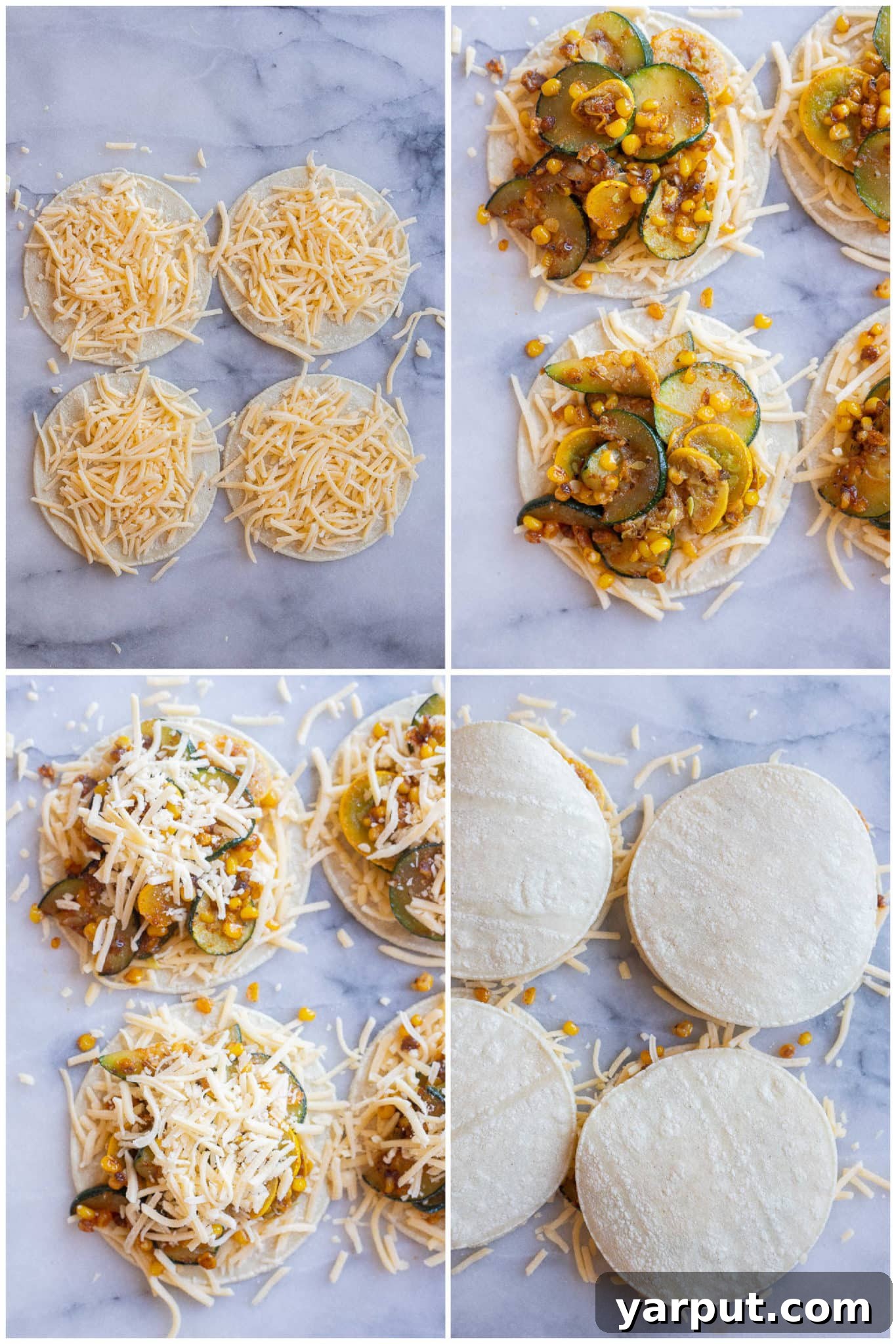 Golden Zucchini and Sweet Corn Quesadillas 4 An image demonstrating the simple assembly process of corn and zucchini quesadillas, showing tortillas layered with cheese and vegetable filling.