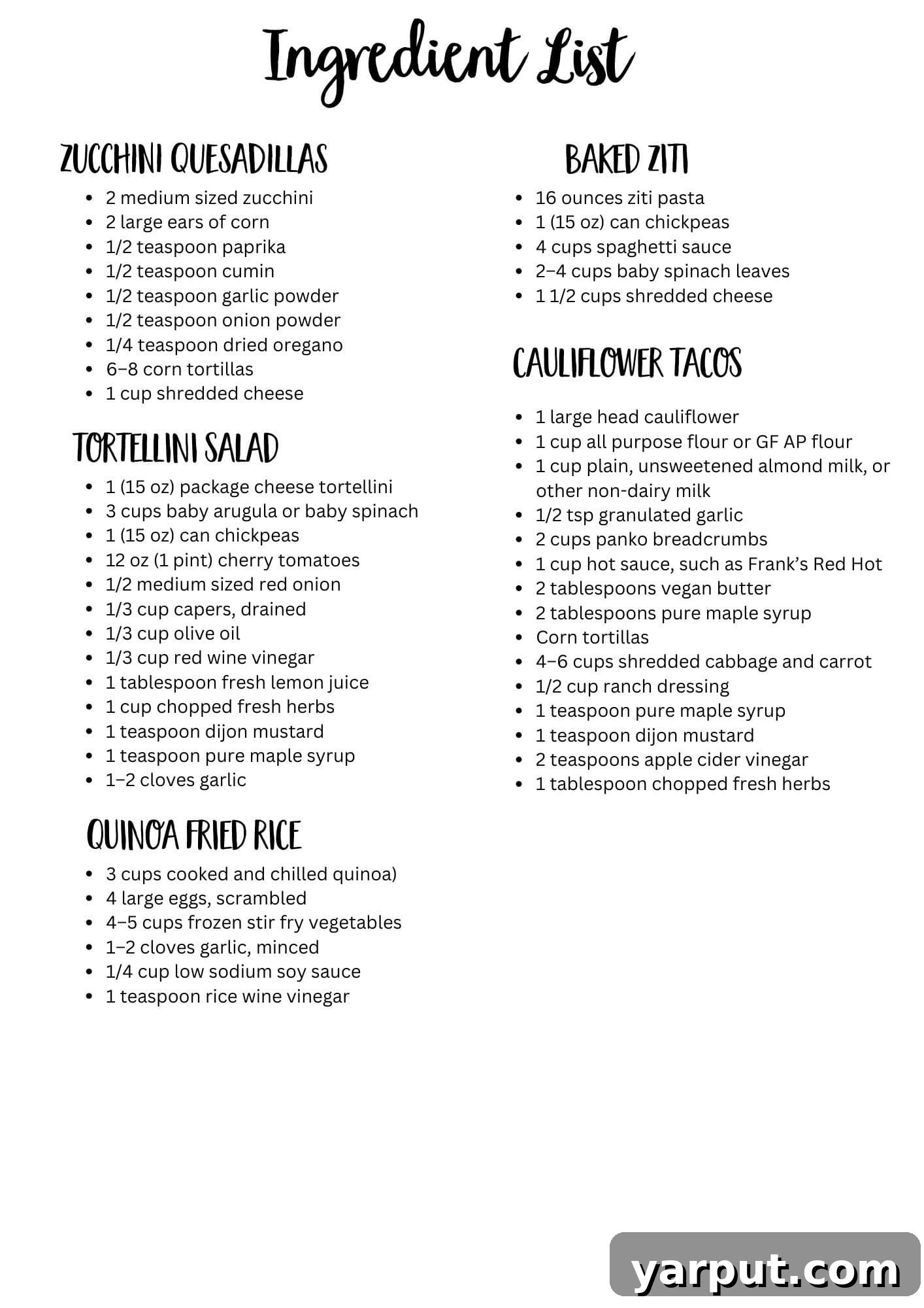 Printable weekly ingredient list for the vegetarian meal plan, organized by category
