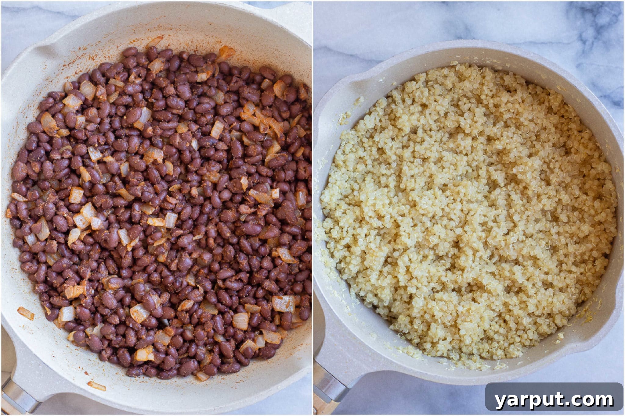 Fiesta Black Bean Quinoa Bowls with Chipotle Tahini Drizzle 4 cooked black beans and quinoa that have been prepared for these protein packed bowls