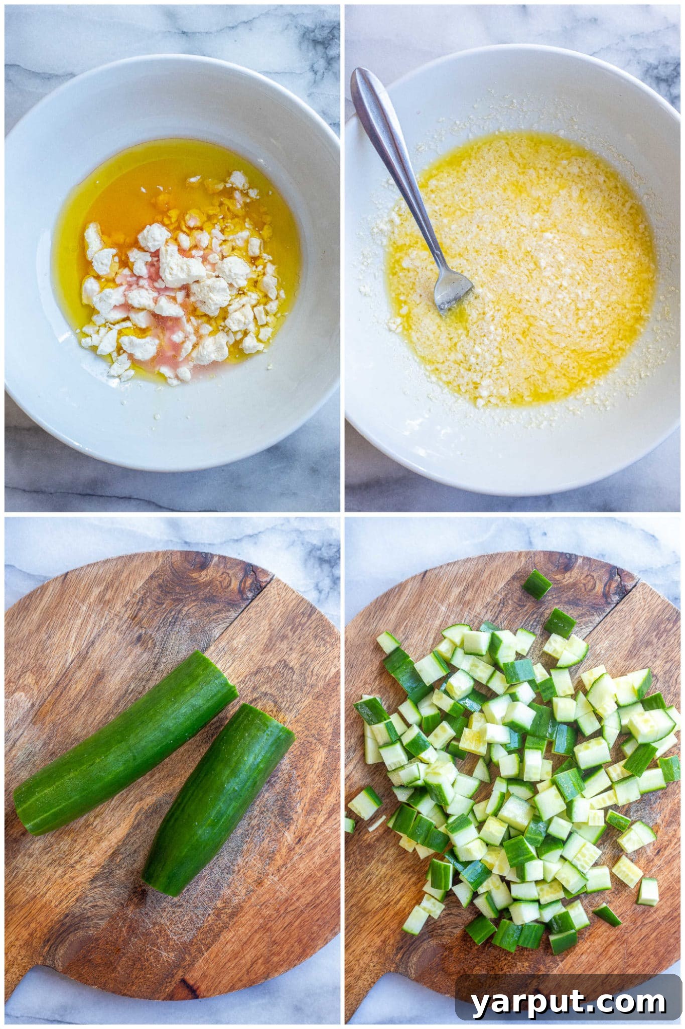 Showing how to prepare the creamy lemon feta dressing and dice the fresh cucumbers