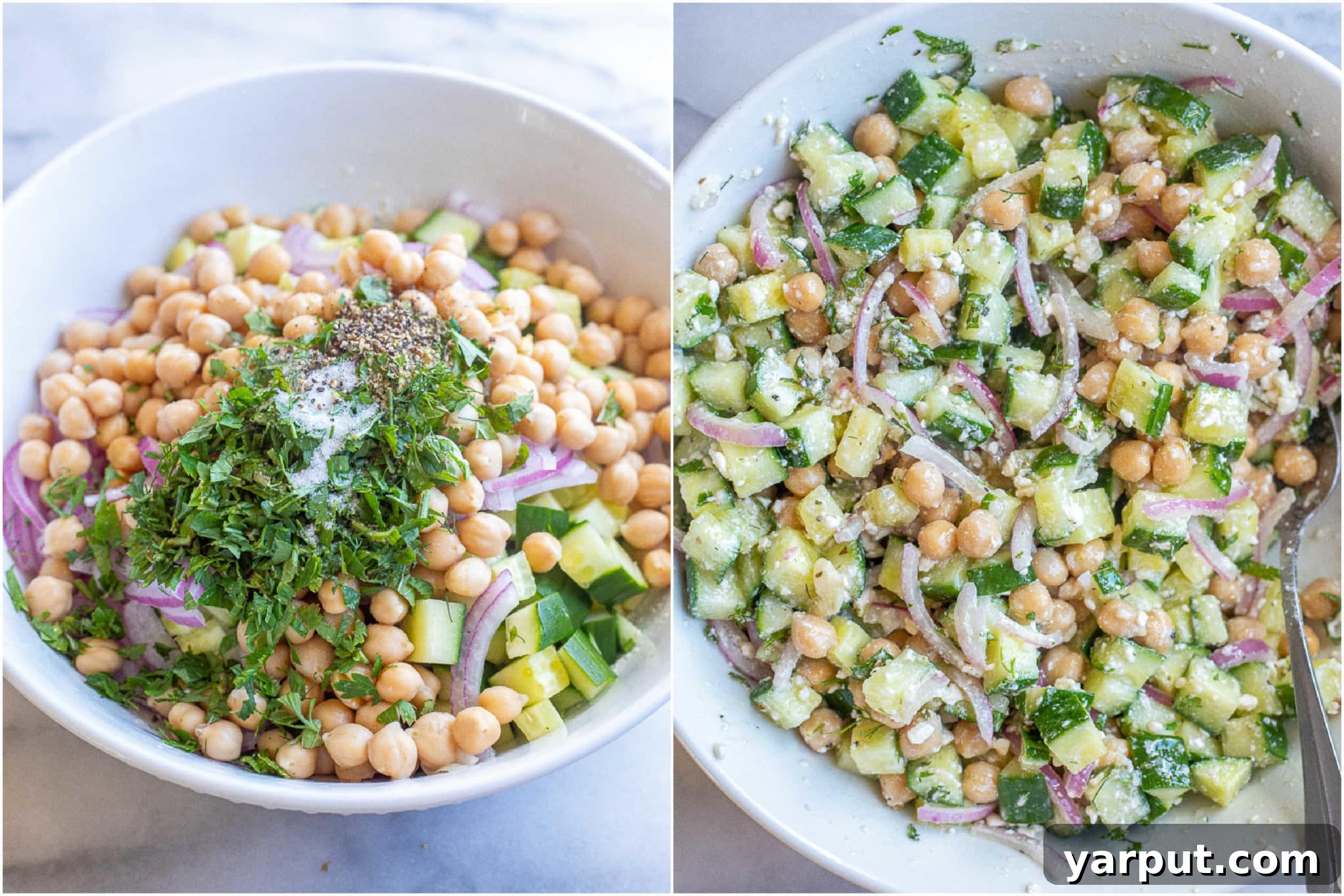 Lemon feta cucumber salad with chickpeas and herbs in a large mixing bowl, ready to be tossed