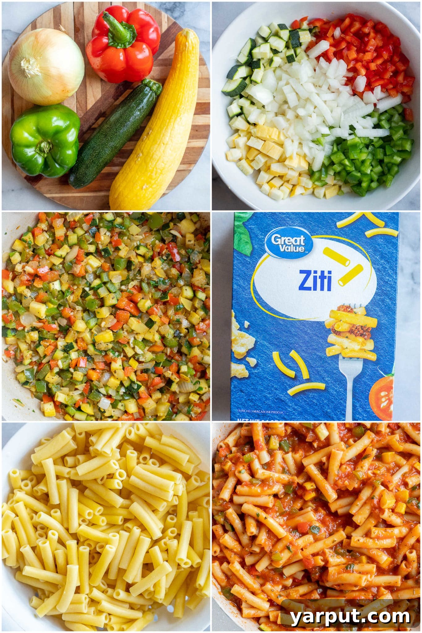 Step-by-step image showing how to combine cooked ziti pasta with a rich marinara sauce and sautéed summer vegetables in a large mixing bowl.