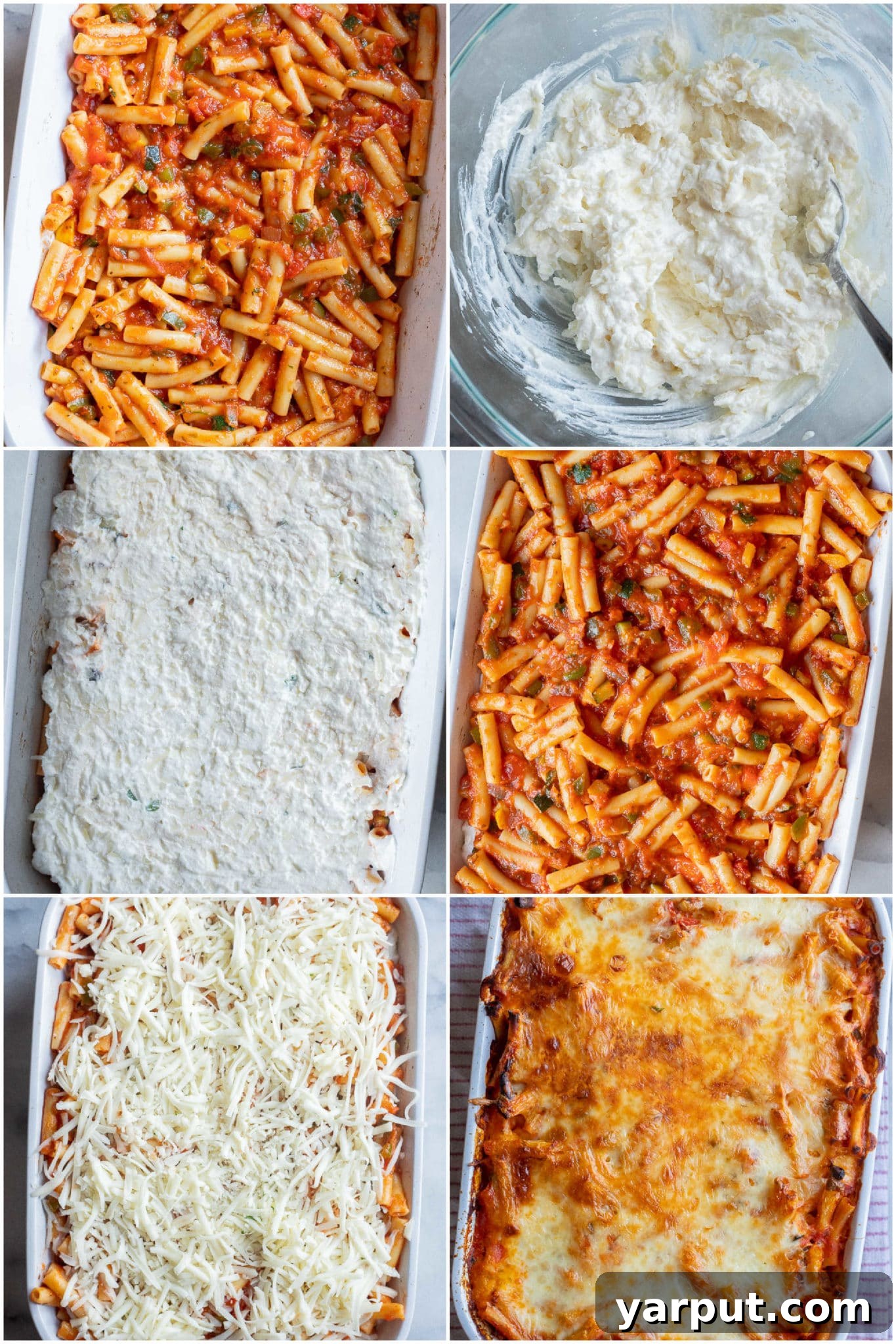 Close-up view of assembling Vegetarian Baked Ziti, showing a layer of smooth cottage cheese spread over the pasta and vegetable mixture in a baking dish.