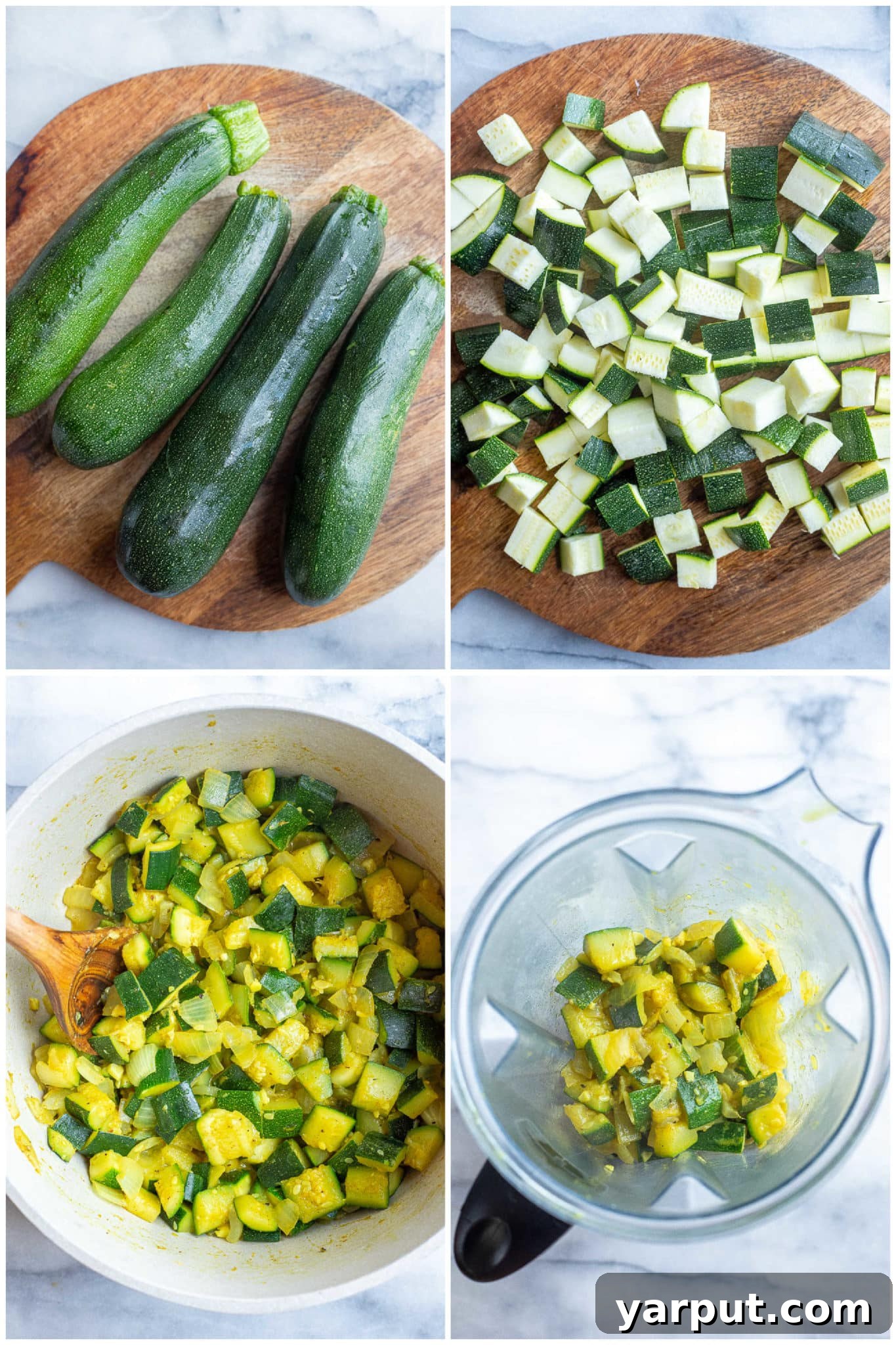 showing how to prepare the zucchini for this creamy curried zucchini soup.