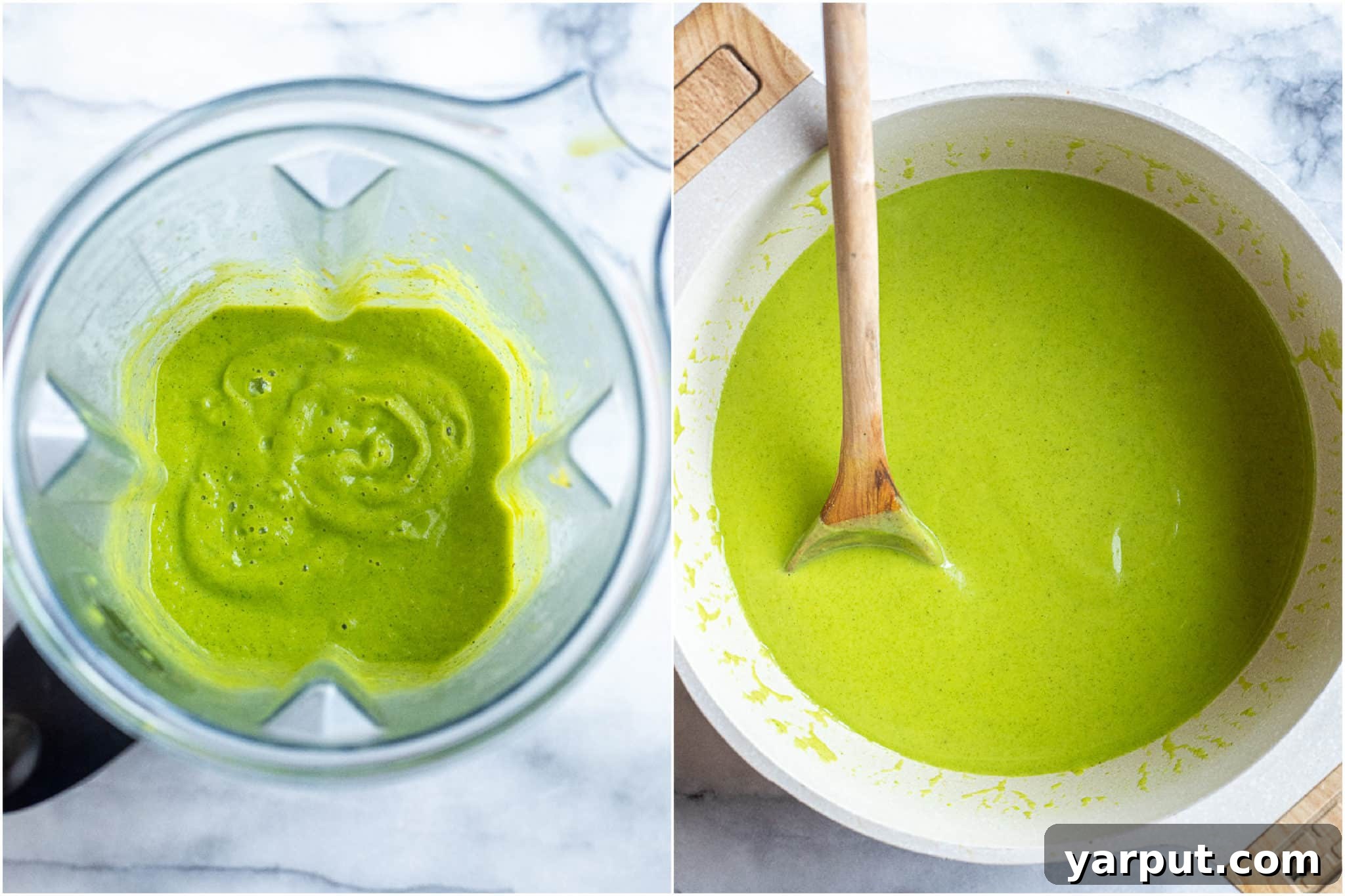 zucchini soup in a blender and in a pot with added coconut milk