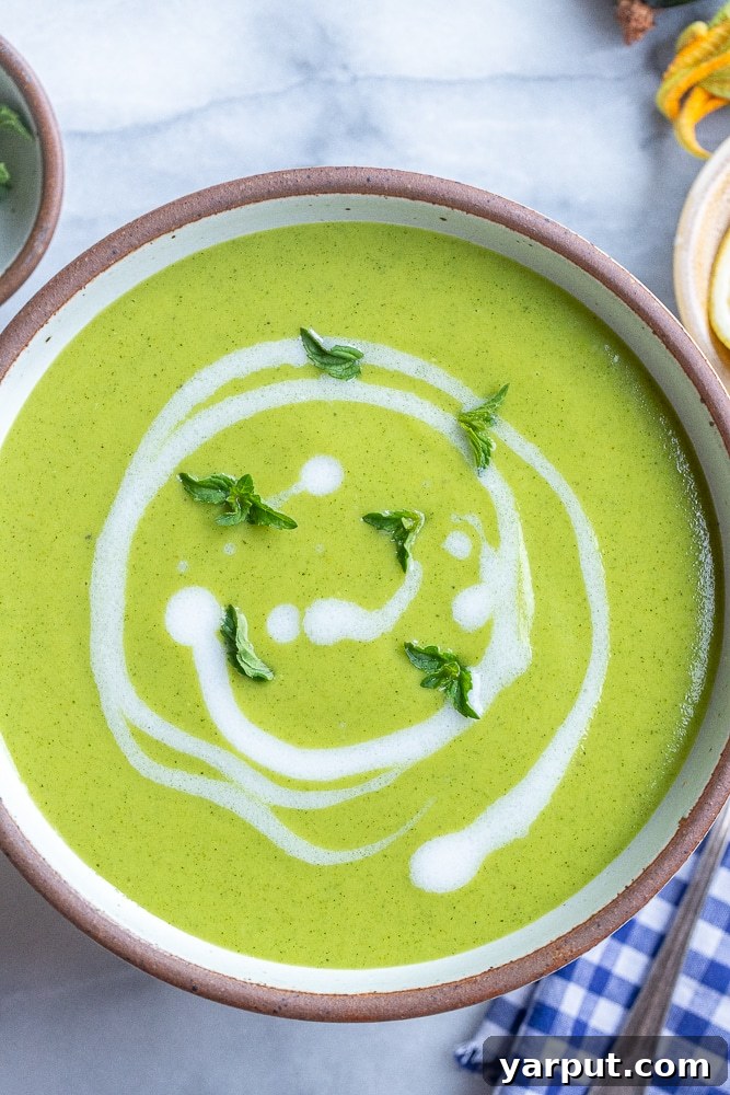 bowl of curried zucchini soup with coconut milk and mint leaves