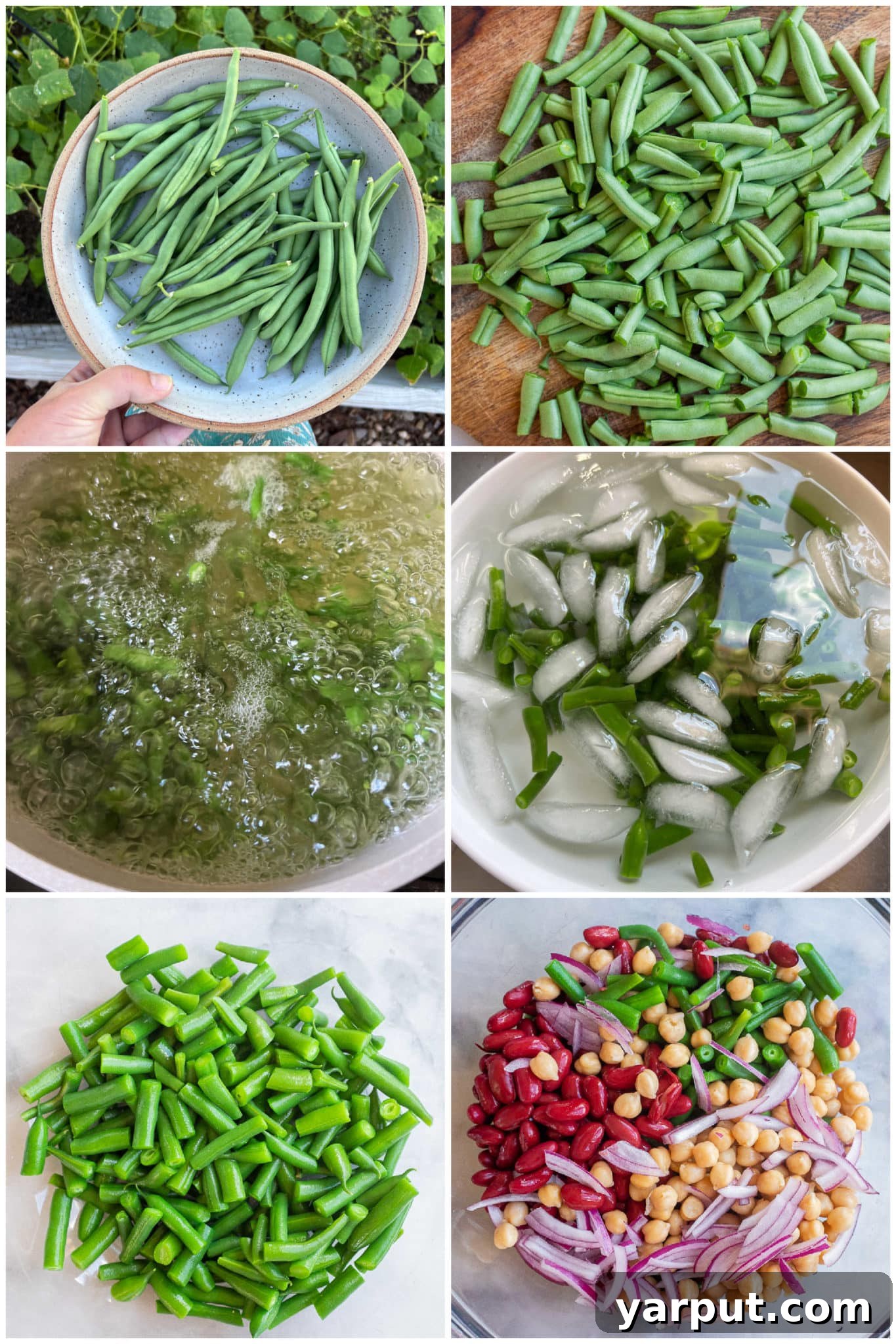Vibrant Bean Trio with Zesty Basil Dressing 3 Step-by-step image showing how to prepare fresh green beans for blanching. Hand holding a knife cutting trimmed green beans into 1-inch pieces, with a bowl of already cut green beans beside a boiling pot of water, emphasizing fresh preparation for the three-bean salad.