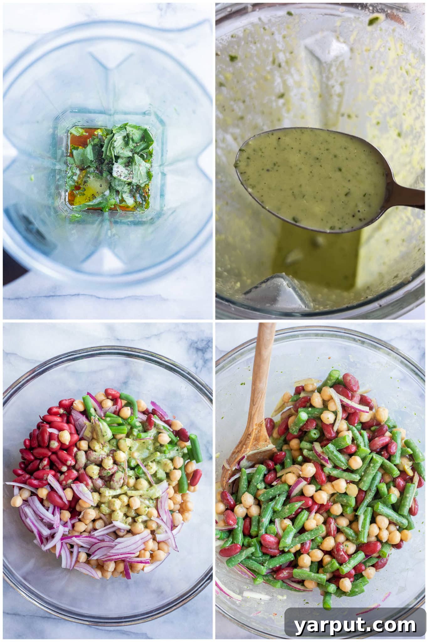 Vibrant Bean Trio with Zesty Basil Dressing 4 Process shot showing how to prepare the vibrant basil vinaigrette in a blender, with fresh basil leaves and other ingredients, then pouring it over a bowl of three-bean salad with kidney beans, garbanzo beans, and green beans, ready for mixing.