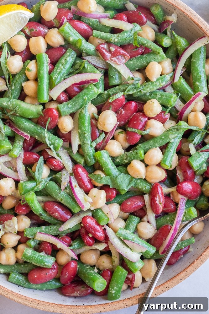 Vibrant Bean Trio with Zesty Basil Dressing 7 A beautifully presented summery three-bean salad in a clear glass serving bowl, garnished with fresh basil leaves. The vibrant green beans, dark red kidney beans, and light garbanzo beans are visible through the glass, coated in a bright basil vinaigrette, ready to be served.