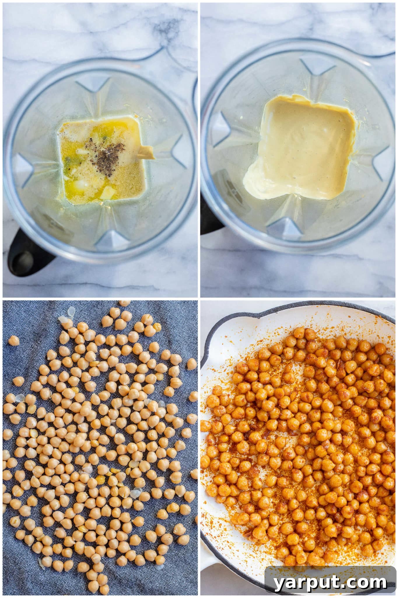 showing how to make tahini caesar dressing and crispy seasoned chickpeas