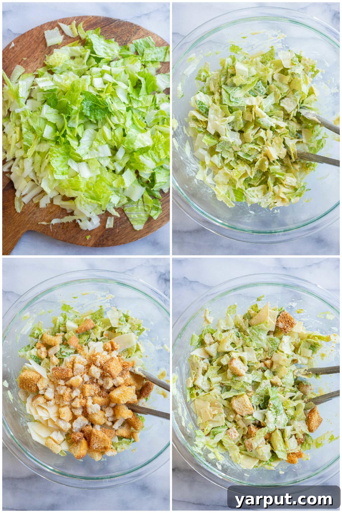 romaine lettuce chopped up and added to a bowl with caesar dressing, parmesan cheese and croutons