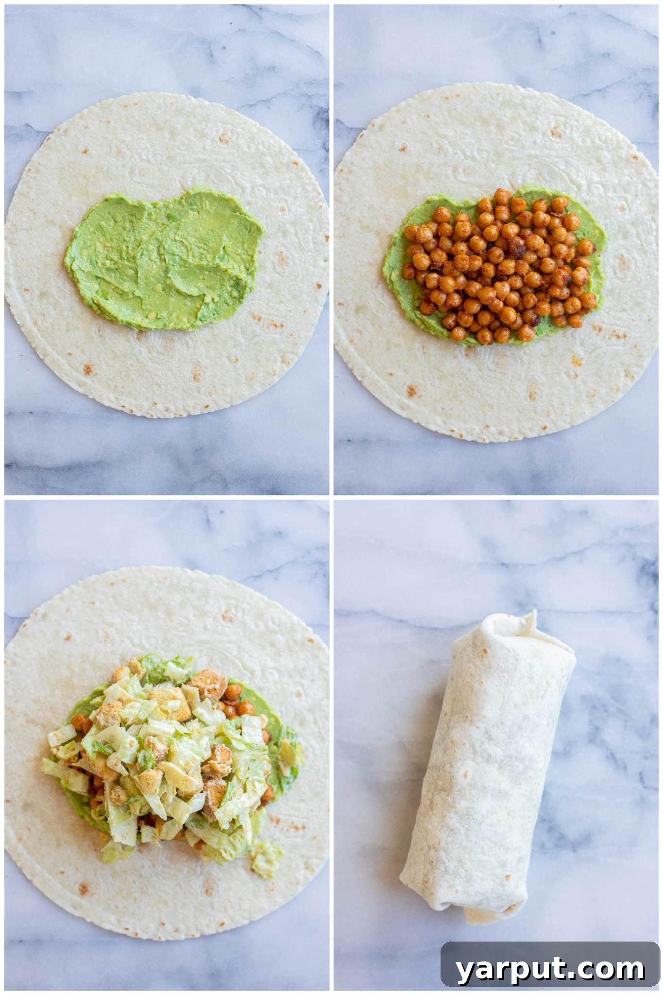 showing how to put together and roll a chickpea Caesar salad wrap in a tortilla