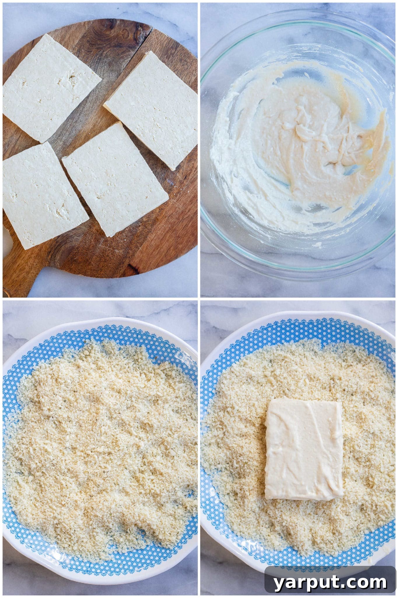 Veggie Chick'n Parm Sandwiches 3 Step-by-step image showcasing how to bread and prepare crispy tofu slices for baking, with bowls of batter and panko mixture