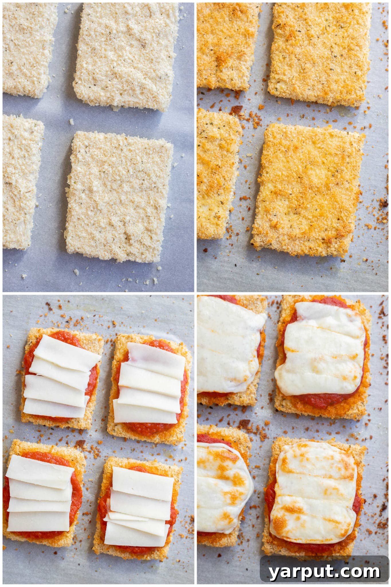Veggie Chick'n Parm Sandwiches 4 Oven-baked crispy tofu slices topped with marinara sauce and melting mozzarella cheese on a baking sheet, ready to be assembled into sandwiches