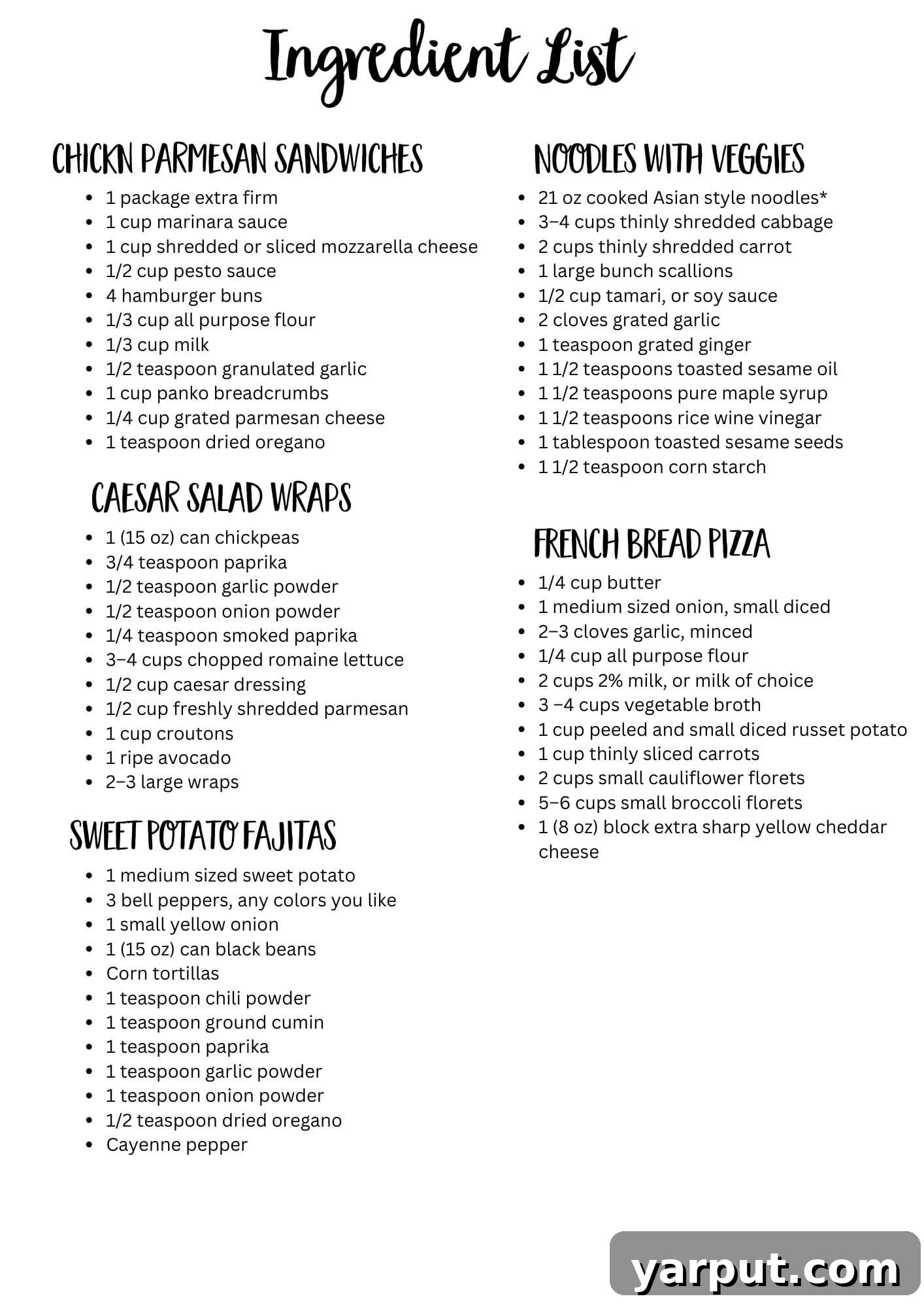 A printable ingredient shopping list for the vegetarian meal plan, categorized for easy use in grocery stores, designed to help organize and save money.