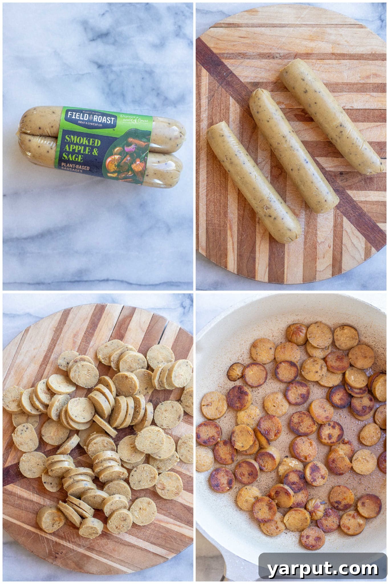 Crispy Sausage Pesto Pasta with Vibrant Vegetables 3 Step-by-step guide showing how to prepare crispy plant-based sausage by thinly slicing it and browning it in a pan until golden.